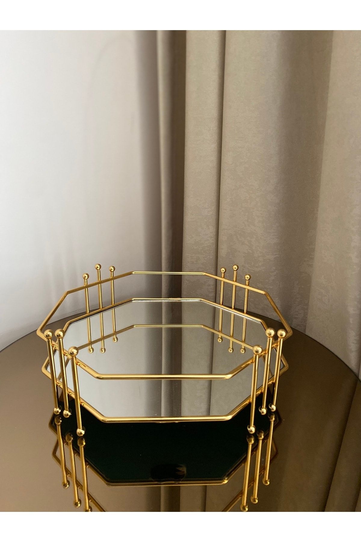 Housess Aynalı Bal Peteği Misketli Gold Dekoratif Tepsi Küçük Boy 27x27 cm