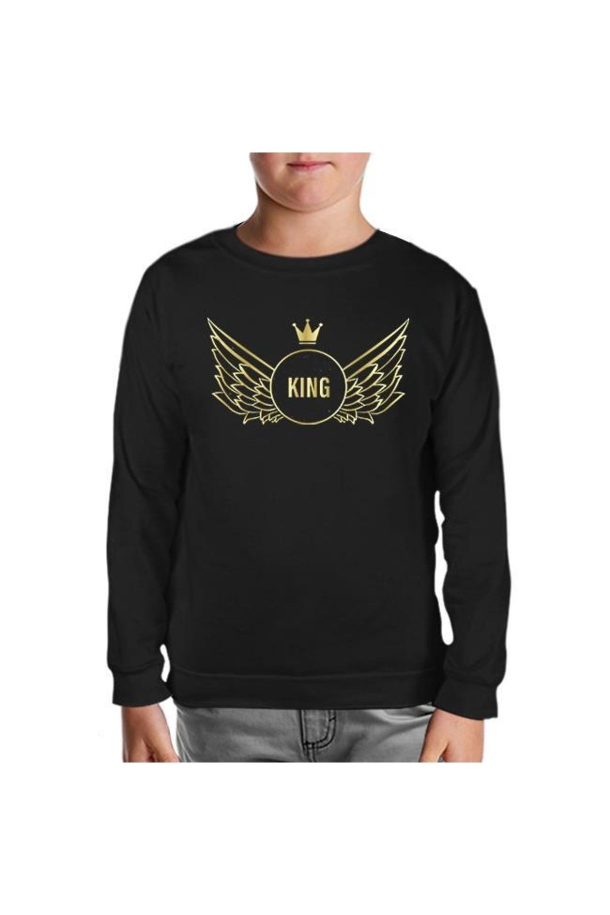 Lord T-Shirt King Writing With A Crown And Wings Siyah Çocuk Sweatshirt