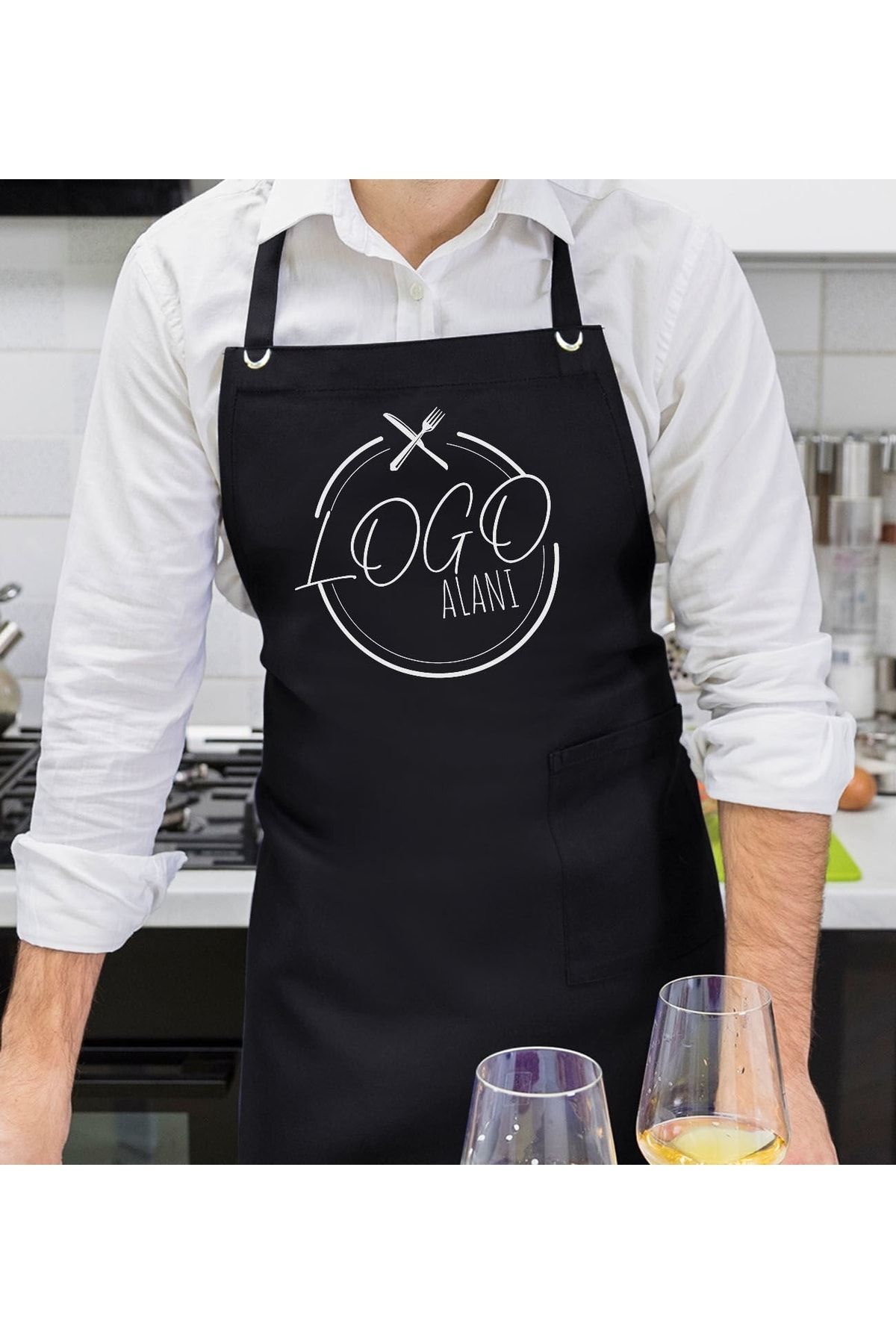 Bk Gift Firmalara Özel Logolu Profesyonel Siyah Mutfak Önlüğü (10 Adet), Aşçı Önlüğü, Şef Önlüğü, Re