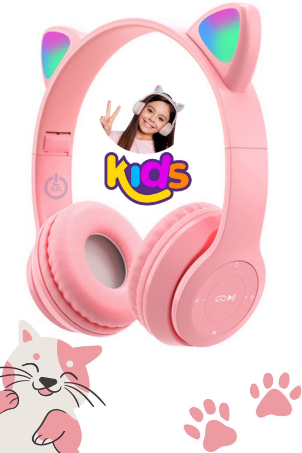 ELROND A+ Kalite Vilya Kedi Kulağı Detaylı Uyumlu Bluetooth Kablosuz Kulaklık Çocuk Oyuncu + Aux Kablo