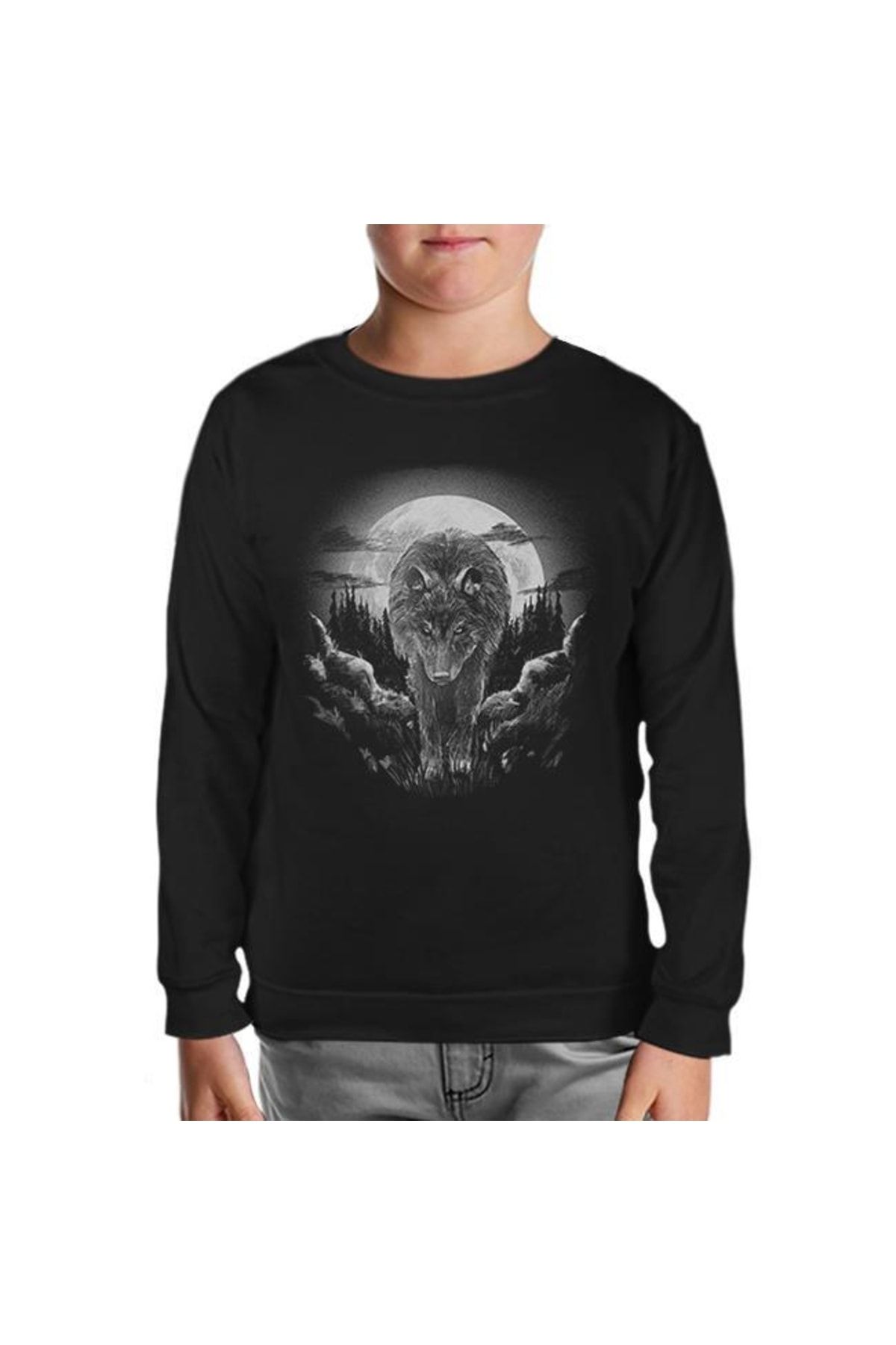 Lord T-Shirt Wolf Walking In The Moonlight Siyah Çocuk Sweatshirt