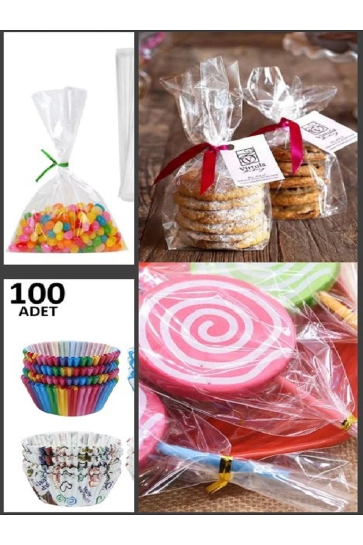 Renkli Parti 100'lü Muffin Kağıdı Kek Kalıbı Desenli + 100 Adet 10x20cm Kurabiye Poşeti