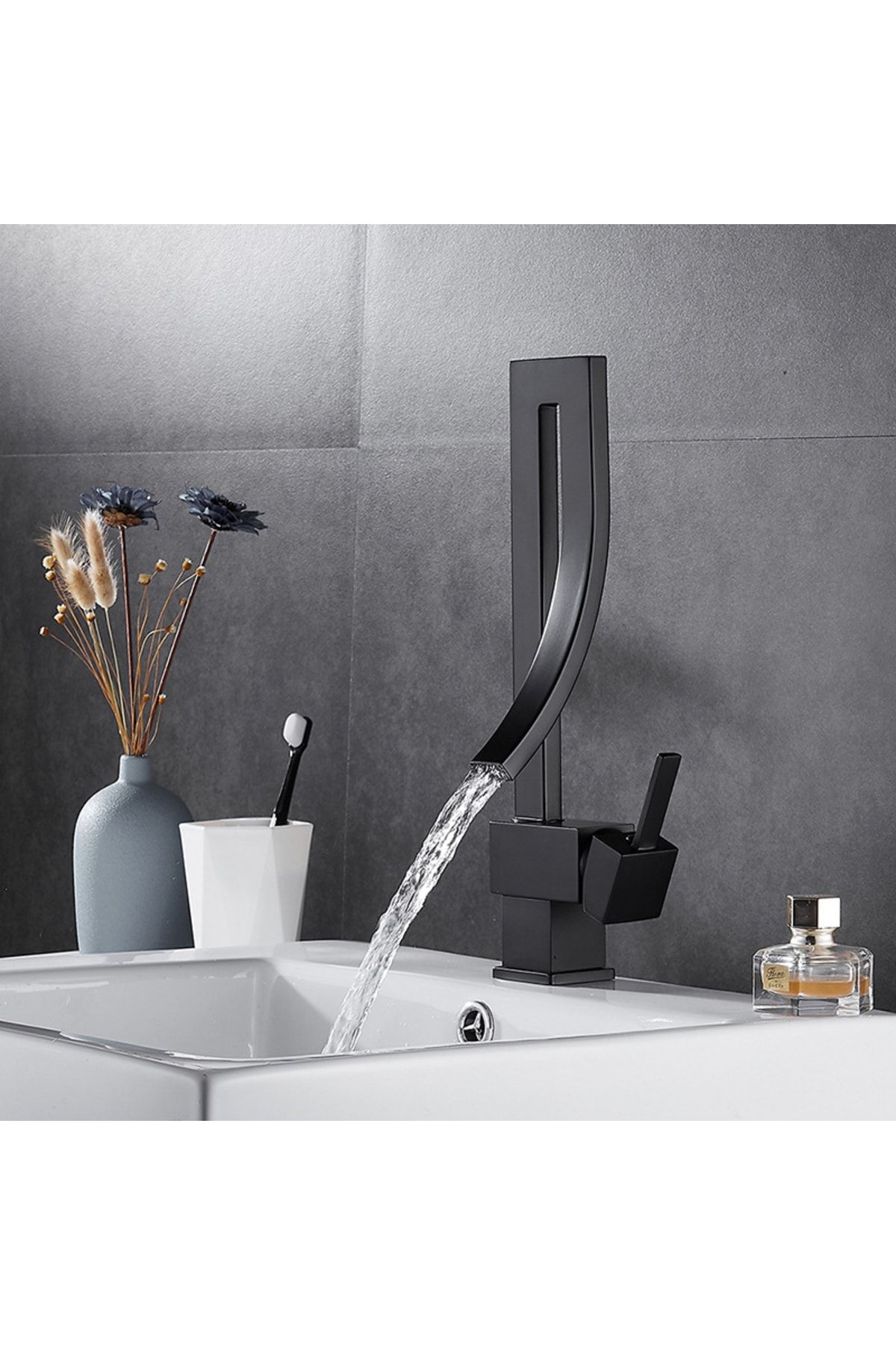 Anunnaki Özel Tasarım Matte Black Banyo Bataryası Retro Şelale Kare Havza Lavabo Bataryası