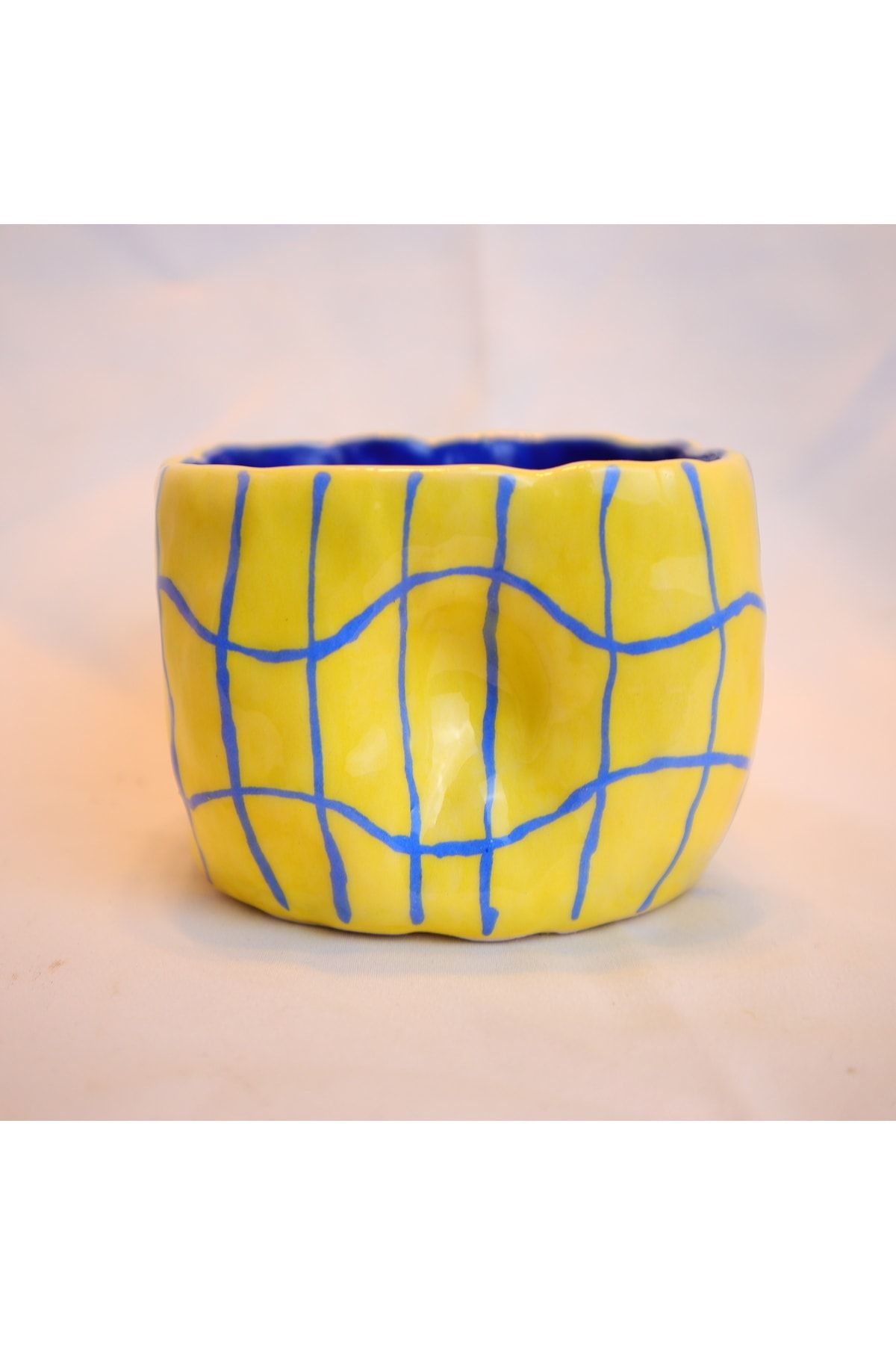 Lily & Loly Ceramics Mavi Çizgili El Yapımı Seramik Kulpsuz Sarı Kupa 200 Ml - Doğanın Renkleri Handmade Ceramics