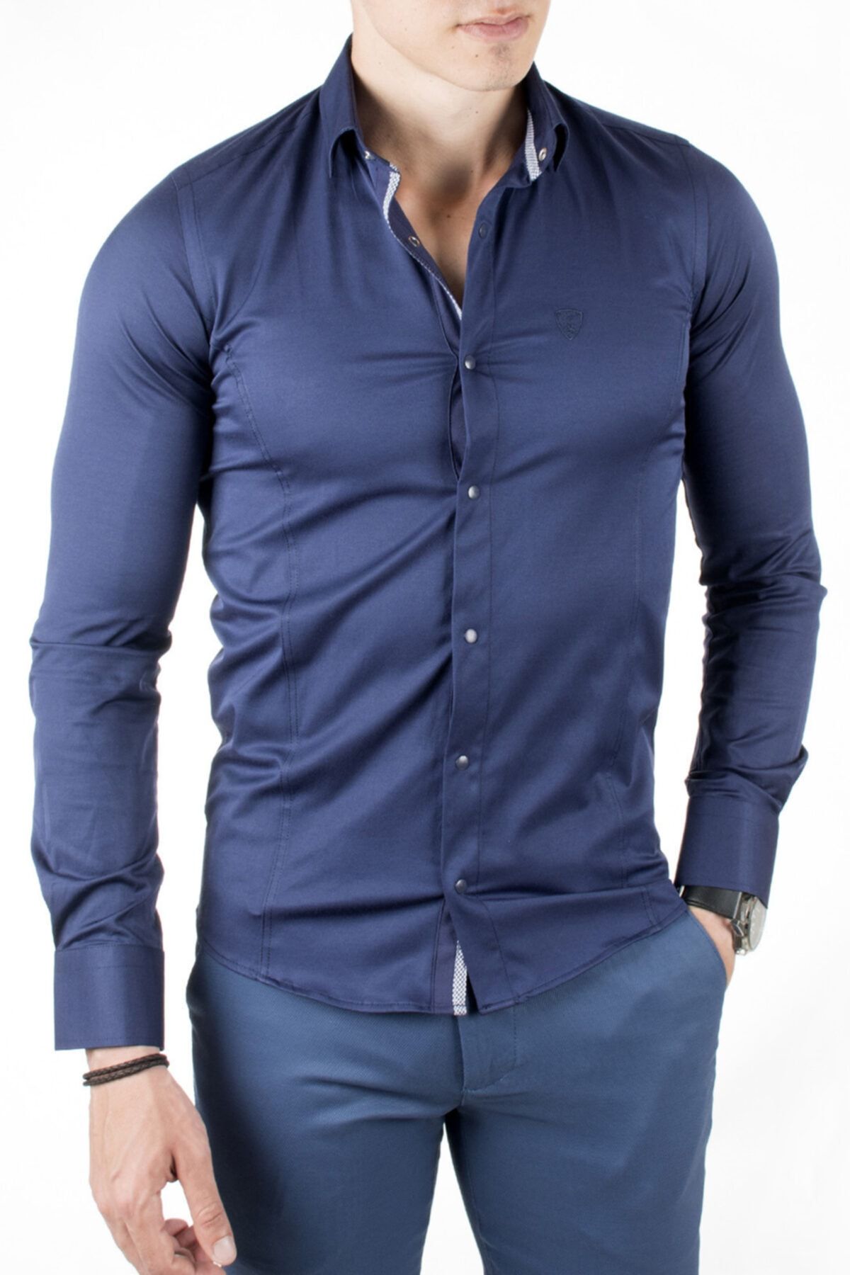 DeepSea Erkek Lacivert Çıtçıt Düğmeli Klasik Gömlek
