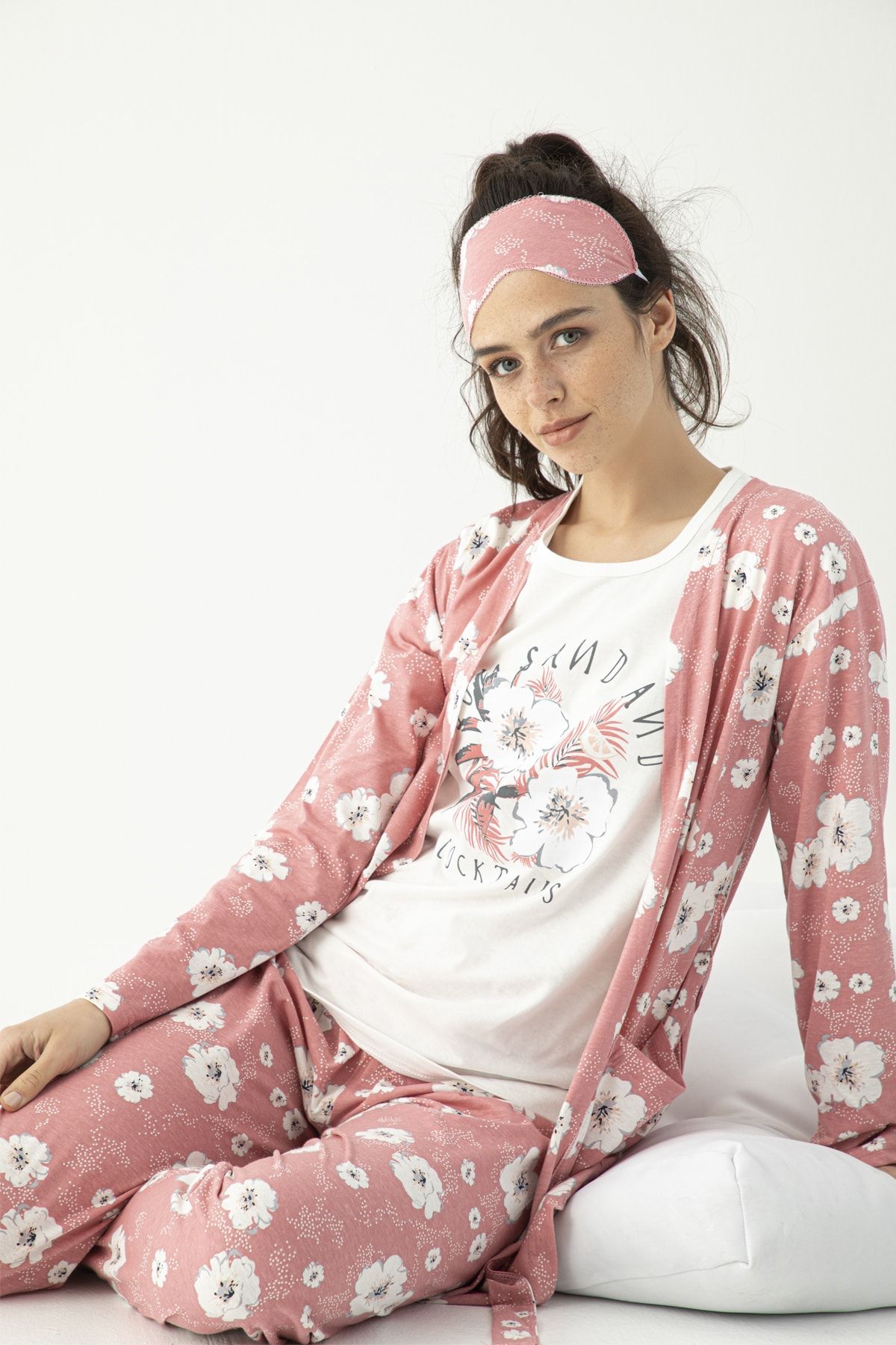 Mirano Kadın Sabahlıklı Uyku Bantlı Yıldız Baskılı 5'li Pijama Takımı Gül Kurusu Homewear Ev Kıyafeti 4016