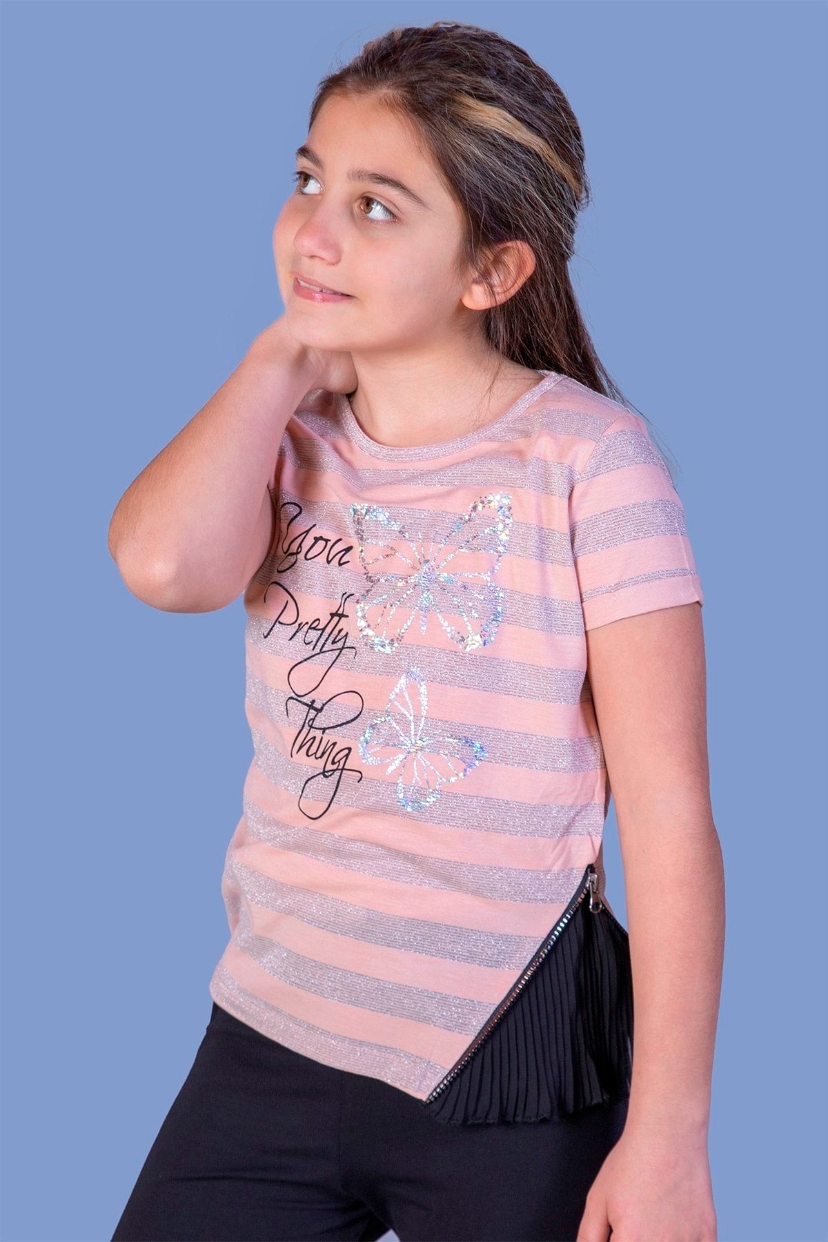 Toontoy Kız Çocuk Çizgili Kelebek Baskılı Tişört