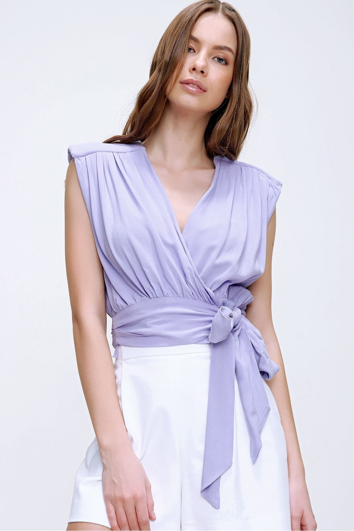 Trend Alaçatı Stili Kadın Lila Beli Bağlamalı Kruvaze Bluz ALC-X5884