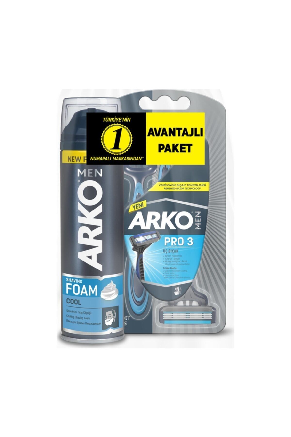 Arko Men T3 Pro 3 Bıçaklı Tıraş Bıçağı 3'lü & Cool Tıraş Köpüğü 200 Ml Avantaj Paketi