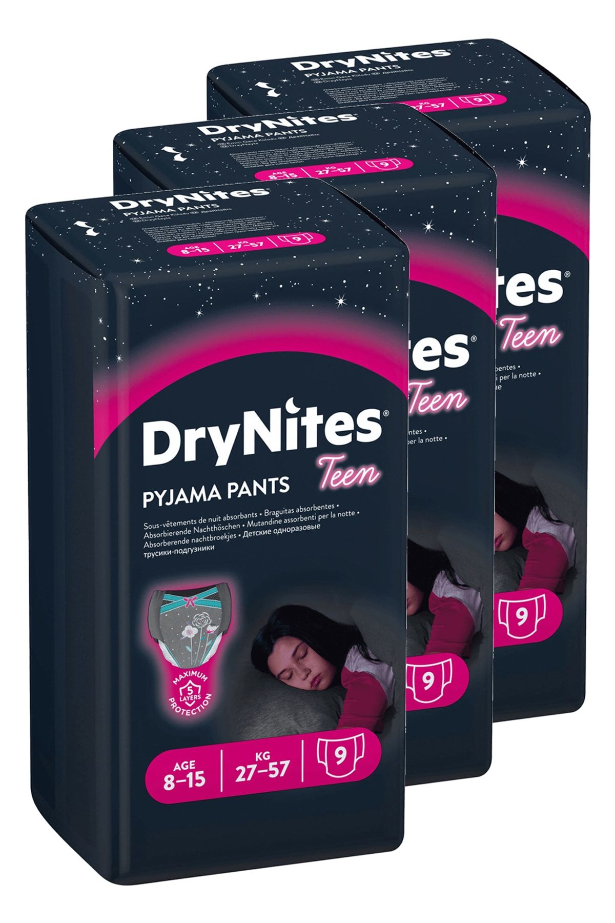 DryNites Huggies Kız Çocuk Bezi 27-57 Kg 8-15 Yaş 9 Adet Üçlü Set