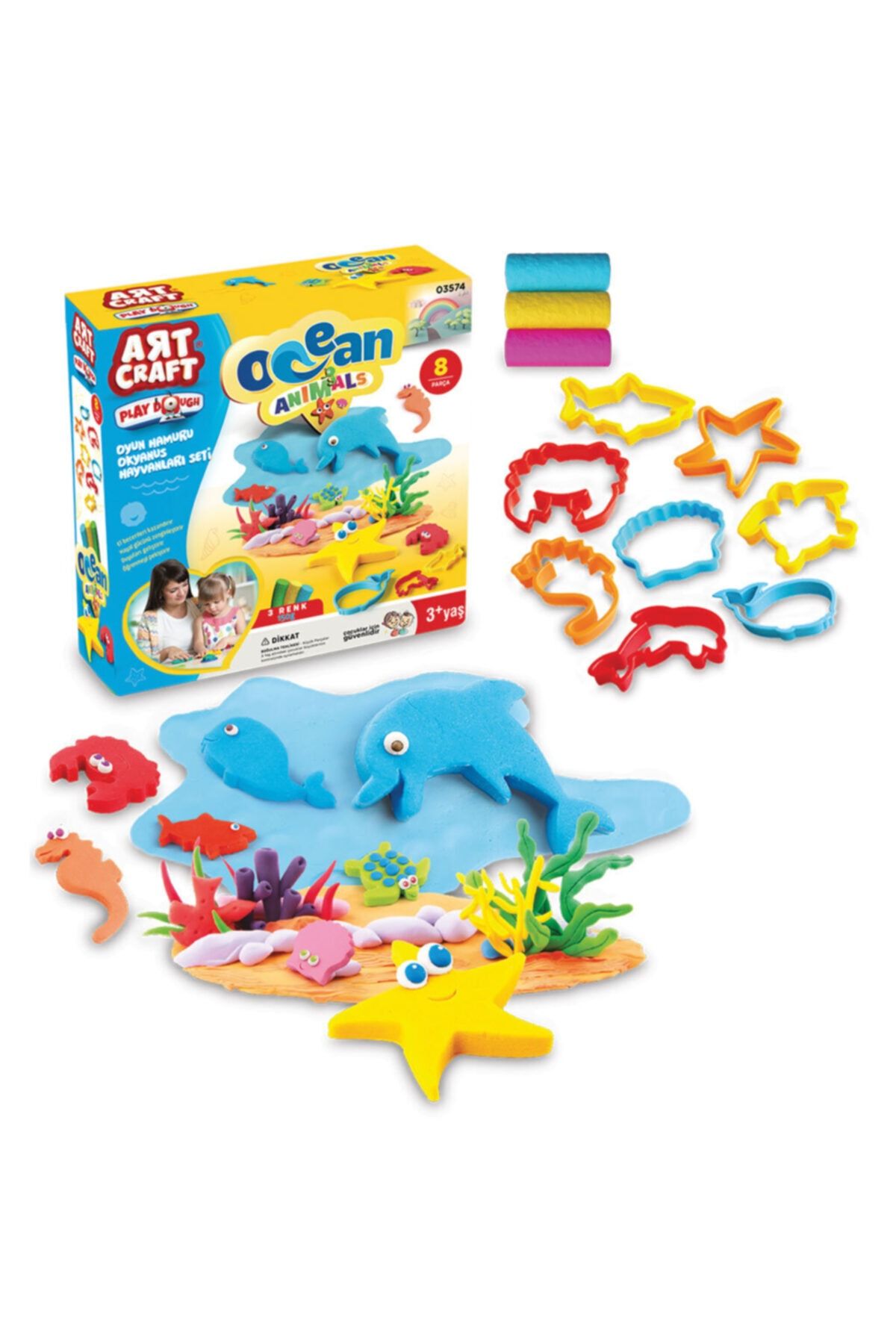Art Craft Çocuk 3 Lü Oyun Hamurlu Ve 8 Parça Kalıplı Deniz Hayvanları Oyun Seti