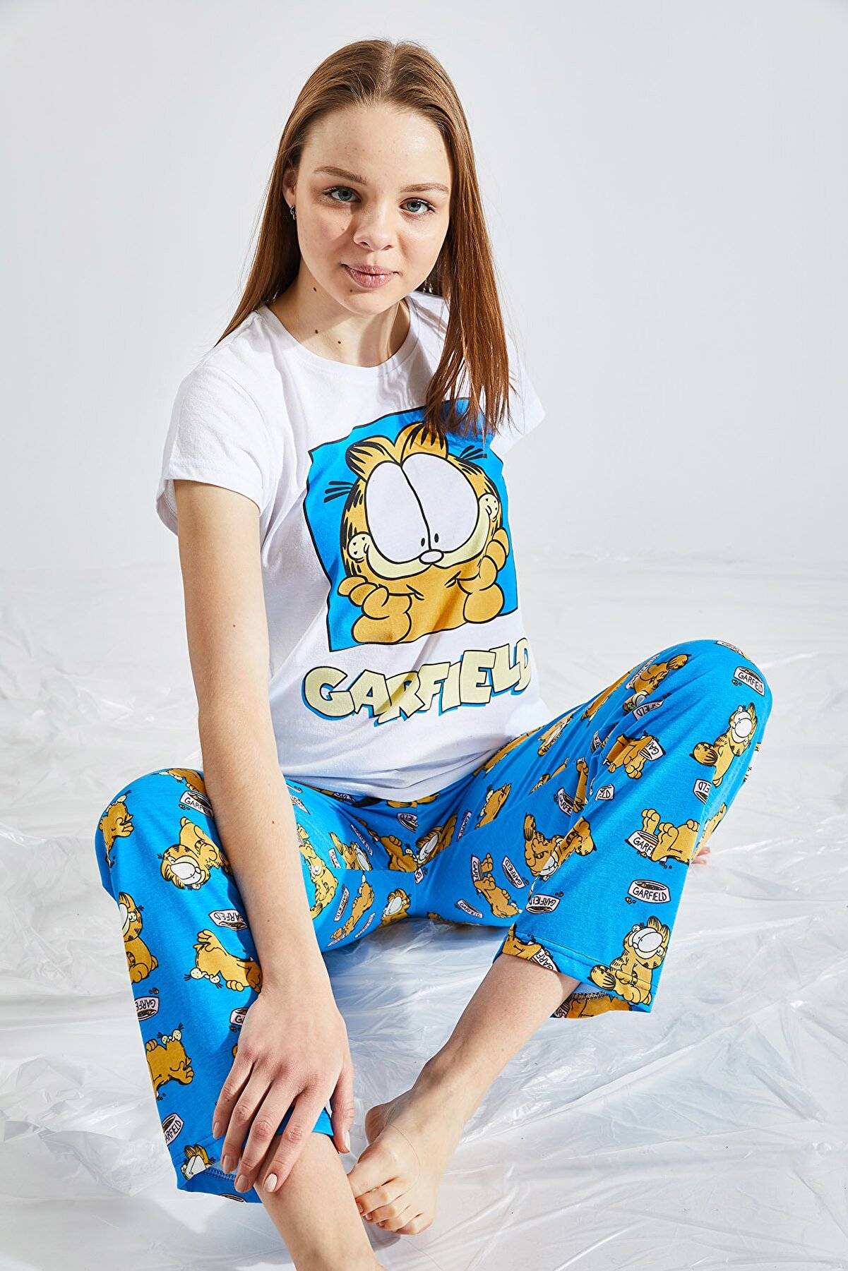 Zafoni Kadın Baskılı Saks Pijama Takımı