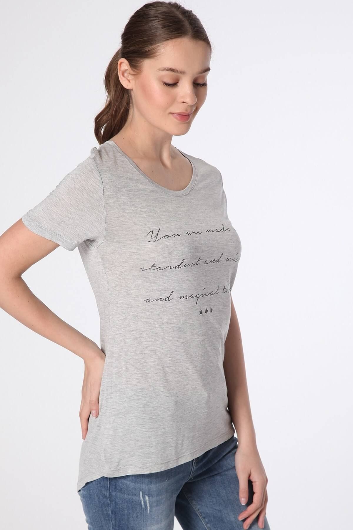 Fashion Friends Kadın Gri Melanj Baskılı T-Shirt 8B0343B1
