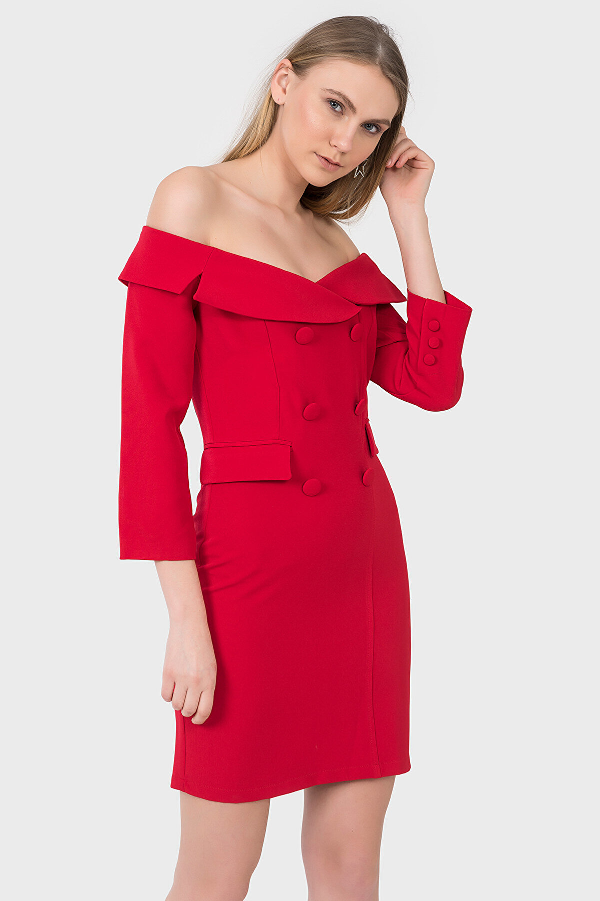 İroni Kadın Kırmızı Geniş Yakalı Blazer Elbise 5153-891