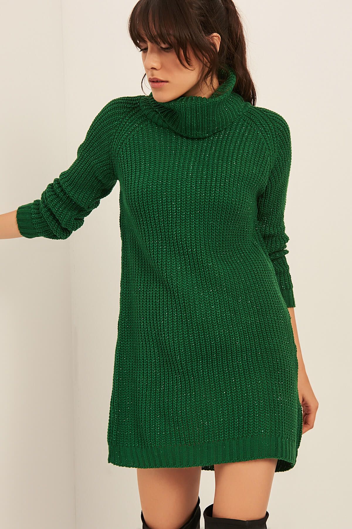 Olalook Kadın Yeşil Simli Balıkçı Yaka Tunik Elbise OLA-EL13240