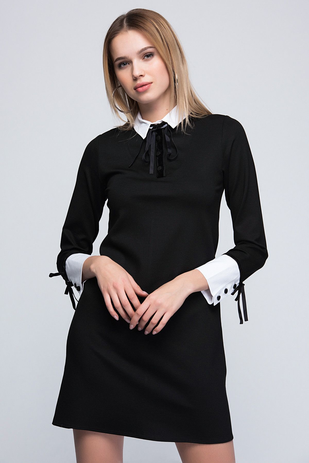 Sateen Kadın Siyah Gömlek Detaylı Elbise 144-HE-5577