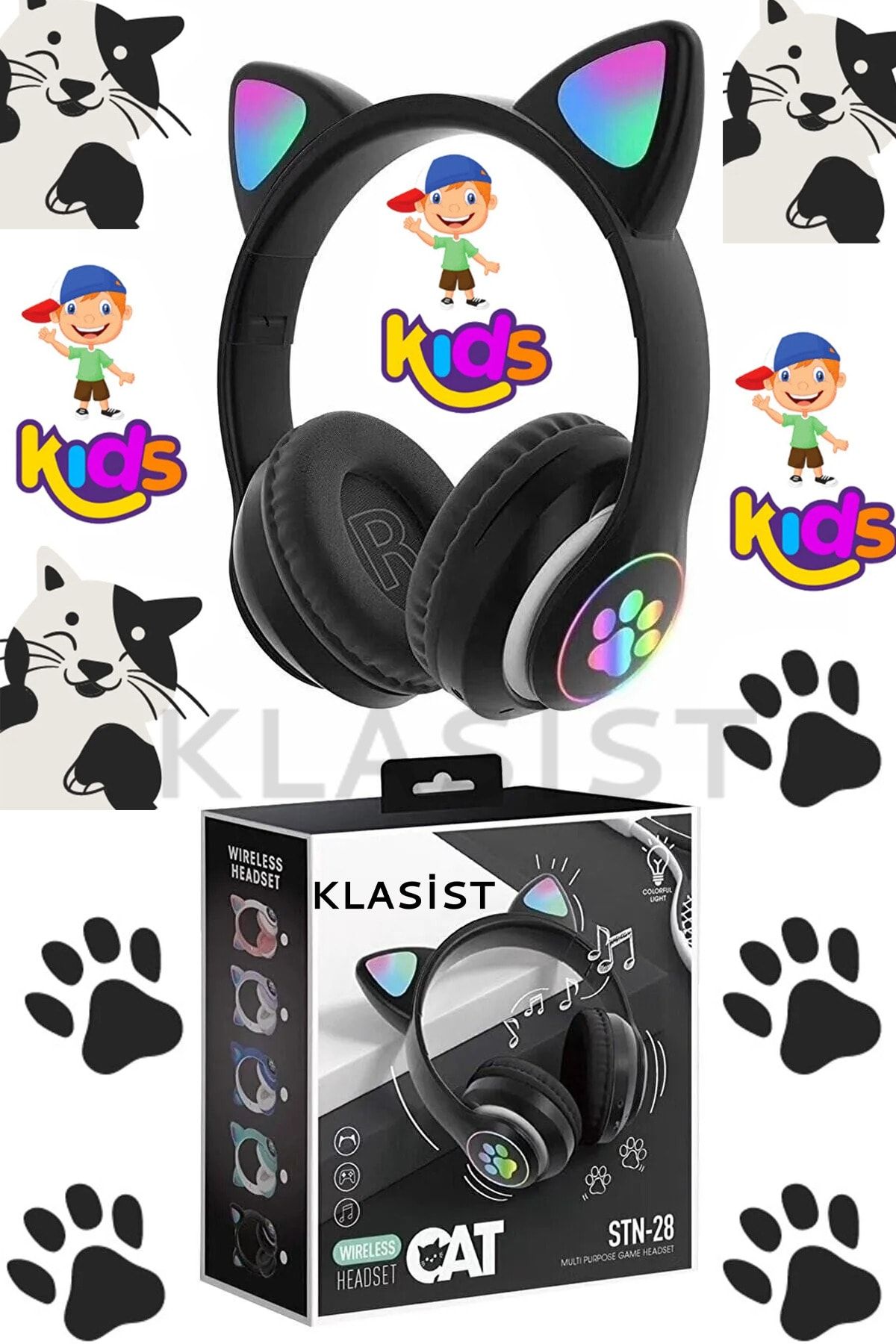 KLASİST Kablosuz Bluetooth 5.0 Led Işıklı Sevimli Kedili Şık Tasarım Kulaklık Çocuk Kız Hediye Tiktok Kulak