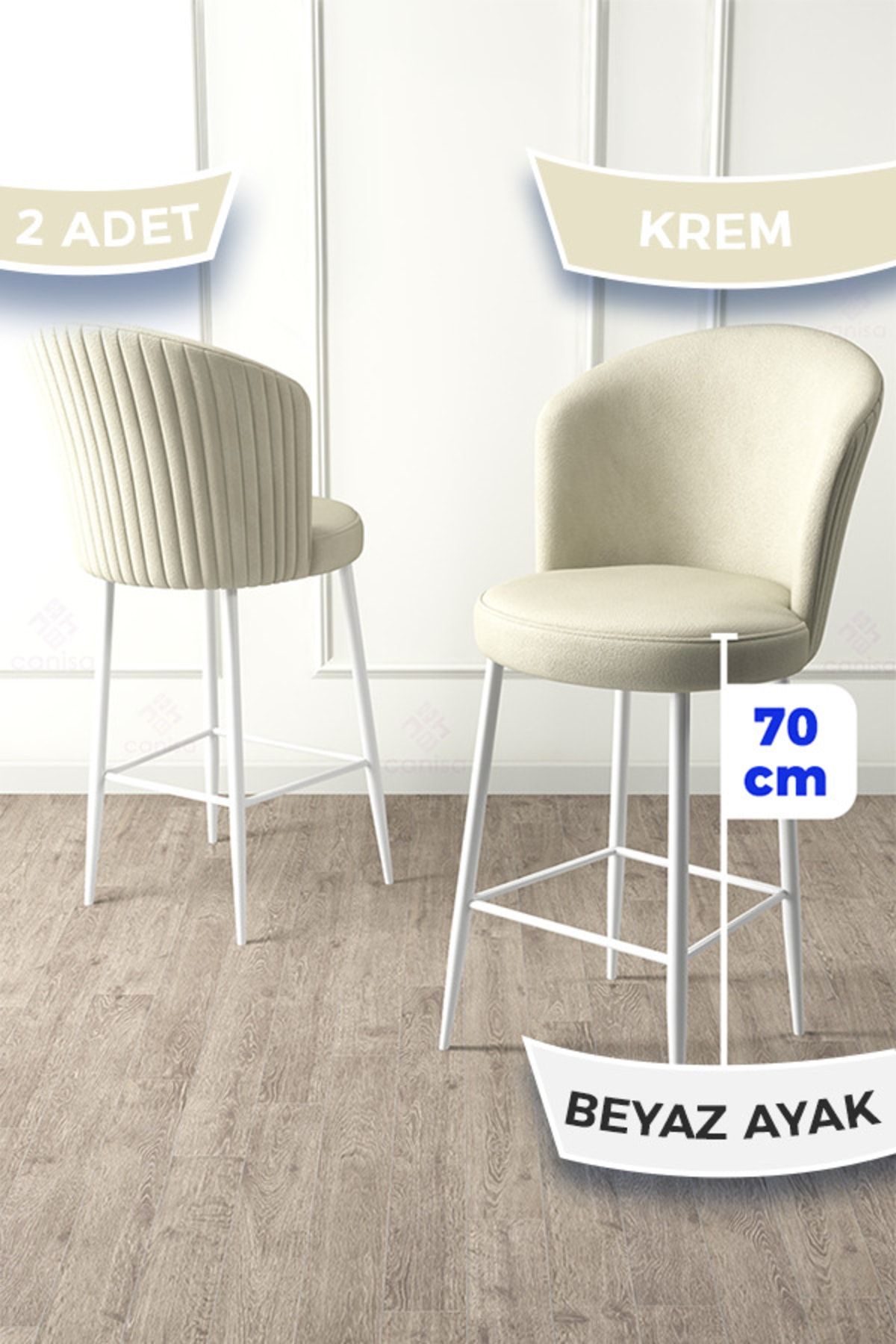 Canisa Concept Fora Serisi 2 Adet Krem Sandalye Ada Mutfak Bar Sandalyesi Beyaz Metal Ayaklı Babyface Kumaş