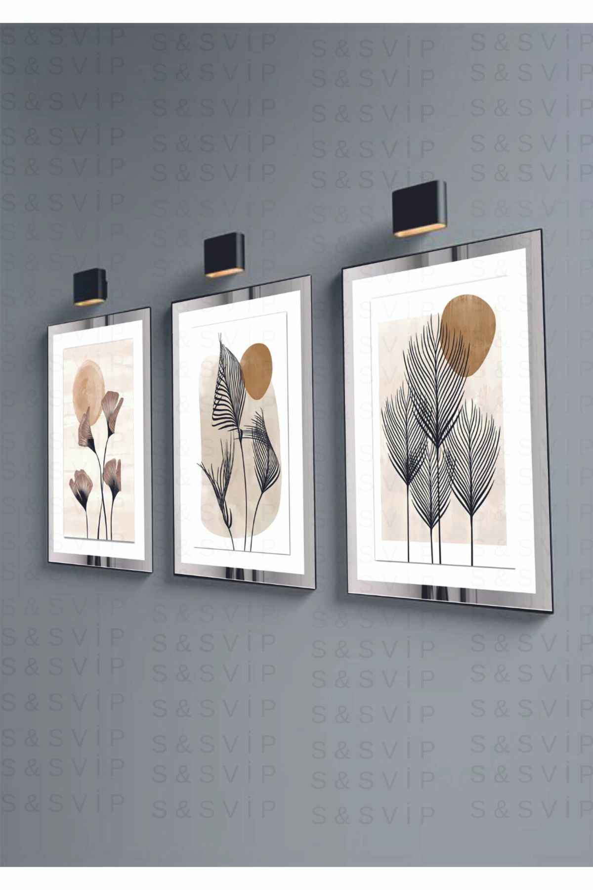 S&S VİP Dekoratif Duvar Dekorasyon Tablo Modelleri Aynalı Pleksi 3 Parça Çiçek Desen Mdf Tablo Set (GÜMÜŞ)