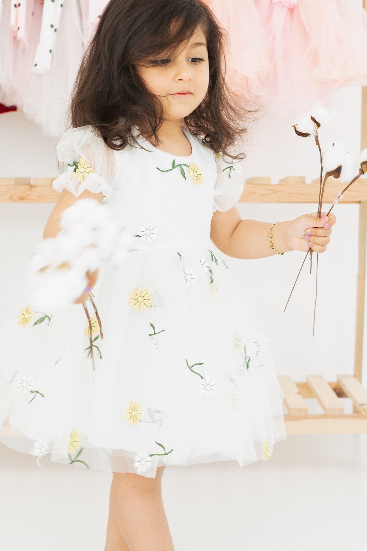 Banamio Flower Kız Bebek Çocuk Pamuk Astarlı Papatya Işlemeli Kabarık Tüllü Elbise(BEYAZ)