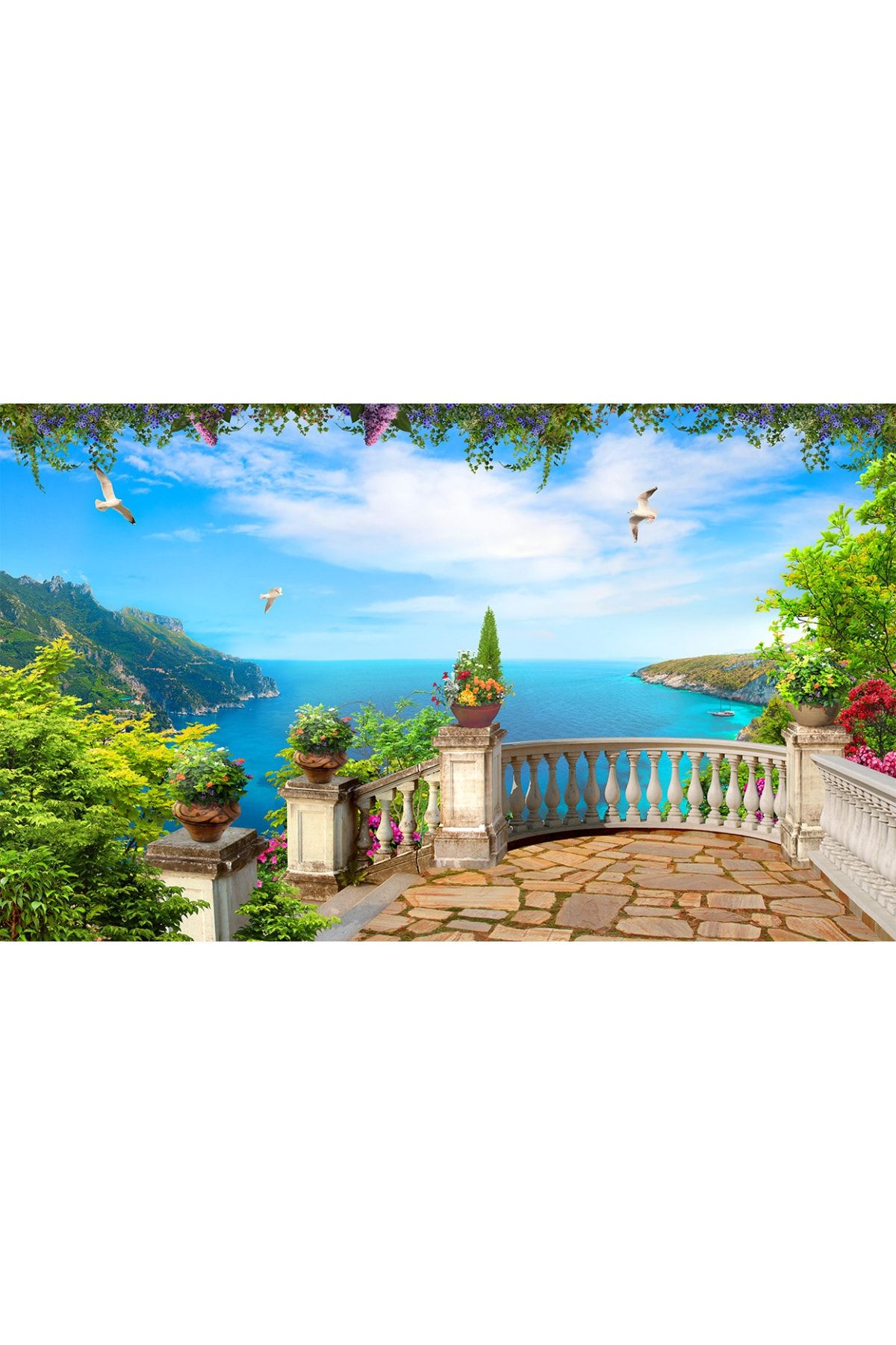 dreamwall Manzara,yeşillik,balkon,deniz,şelale,kuşlar,çiçekler,desen,kumaş, Duvar Kağıdı