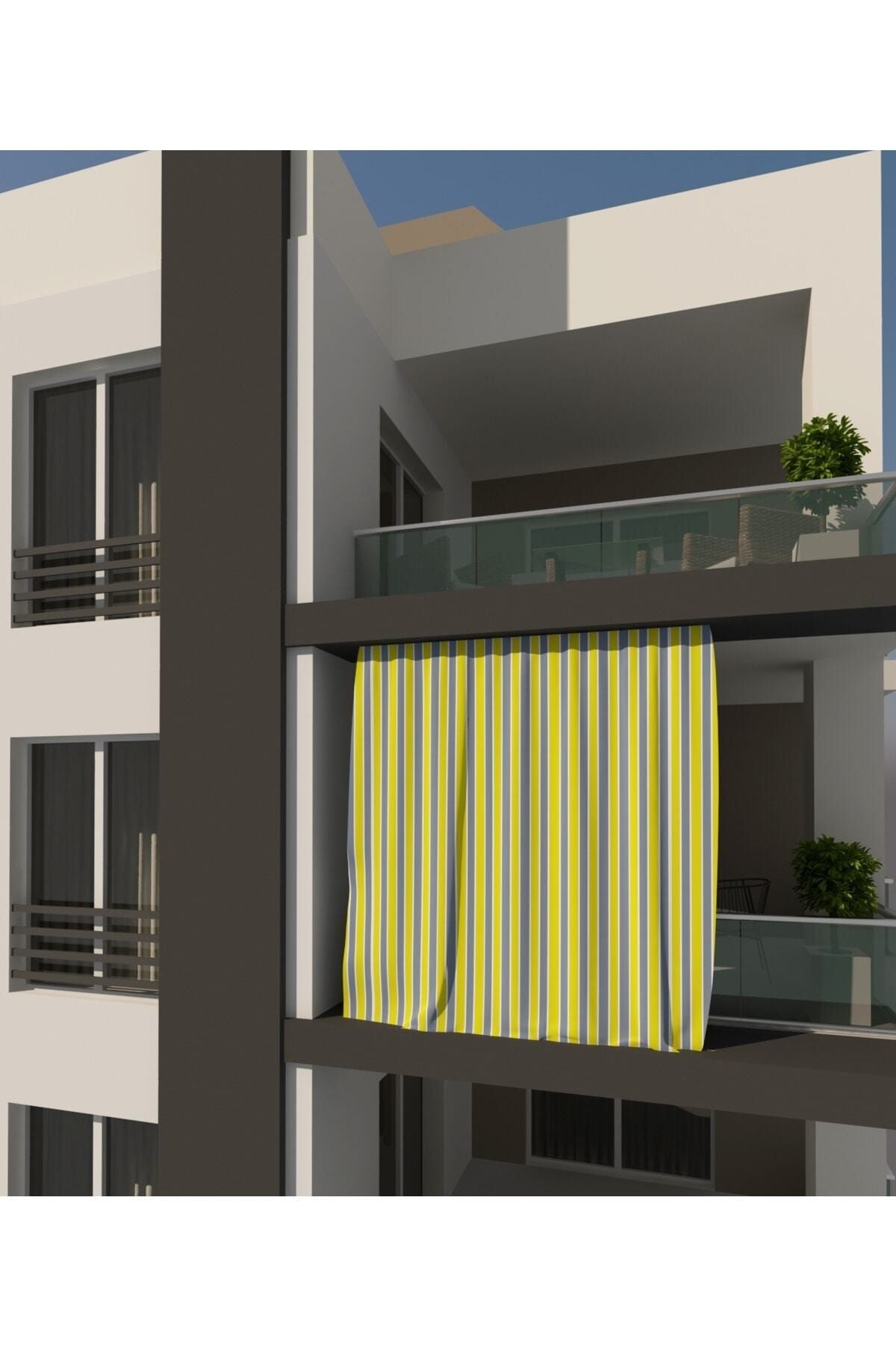 perhal perde ve halı Sarı Gri Çizgili Balkon Perdesi, Balkon Çadır Brandası, Balkon Güneşlik