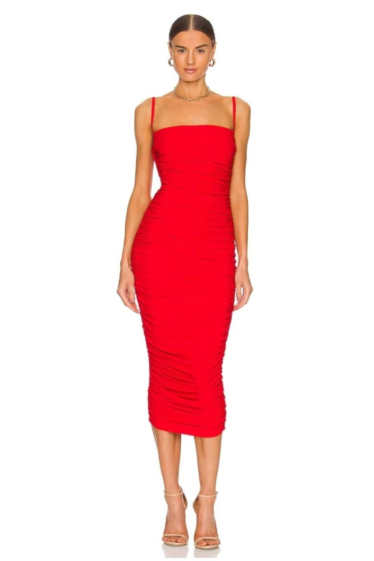 Zagrep Kadın Kırmızı Askılı Büzgülü Midi Elbise Astarlı Iç Göstermez