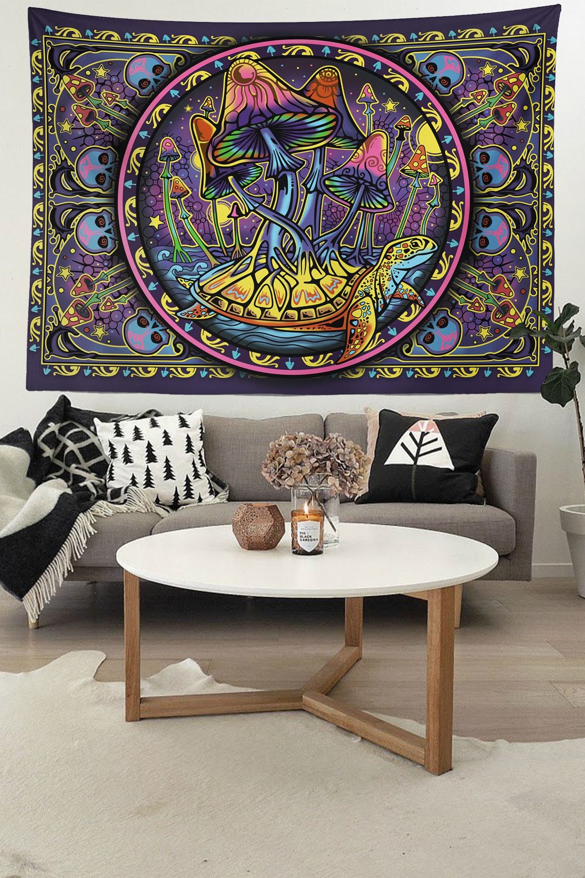 Kozmik Tapestry Psychedelic Mushroom And Skull Pamuklu Kumaş Duvar Örtüsü