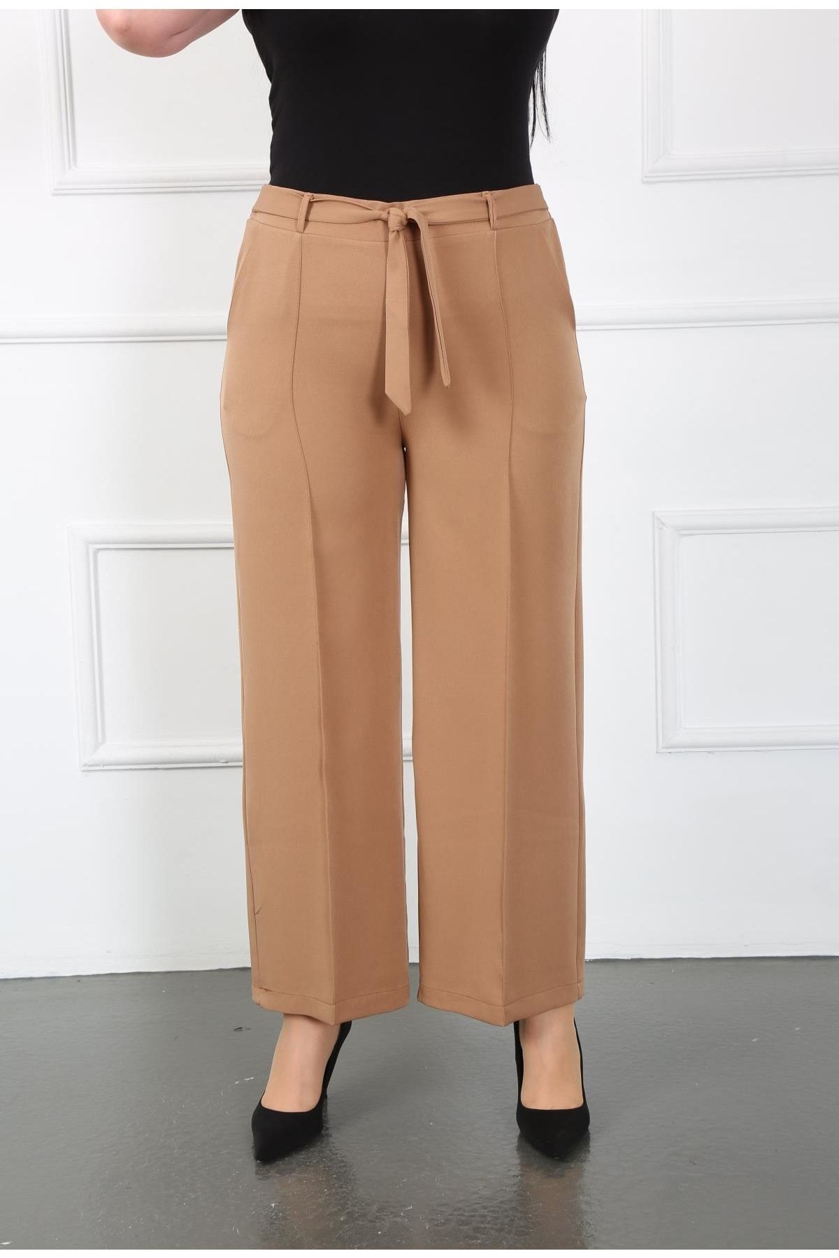 By Alba Collection Kadın Taba Dabıl Kumaş Kemer Detay Beli Lastikli Geniş Paça Pantolon