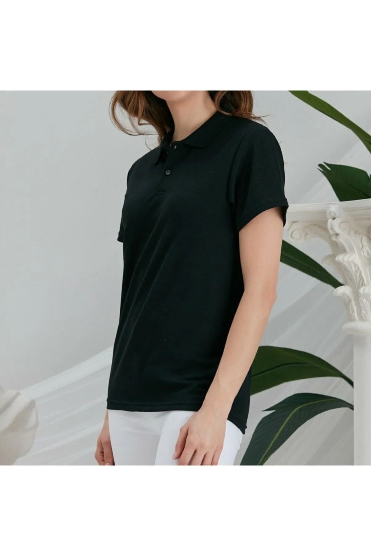 EKZMODA Siyah Düz Renk Unisex Kadın Polo Yaka T-shirt - Kadın T-shirt 3 Al 2 Ode