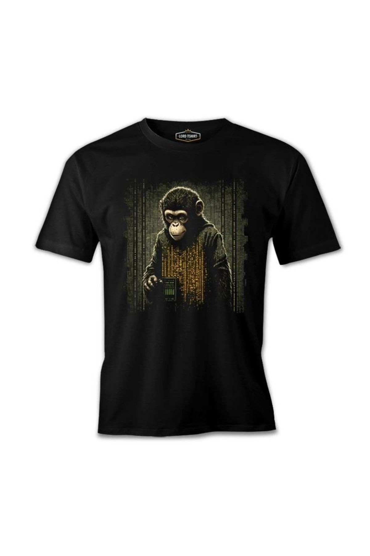 Lord T-Shirt Monkey In Front Of The Binary Background Siyah Erkek Tshirt