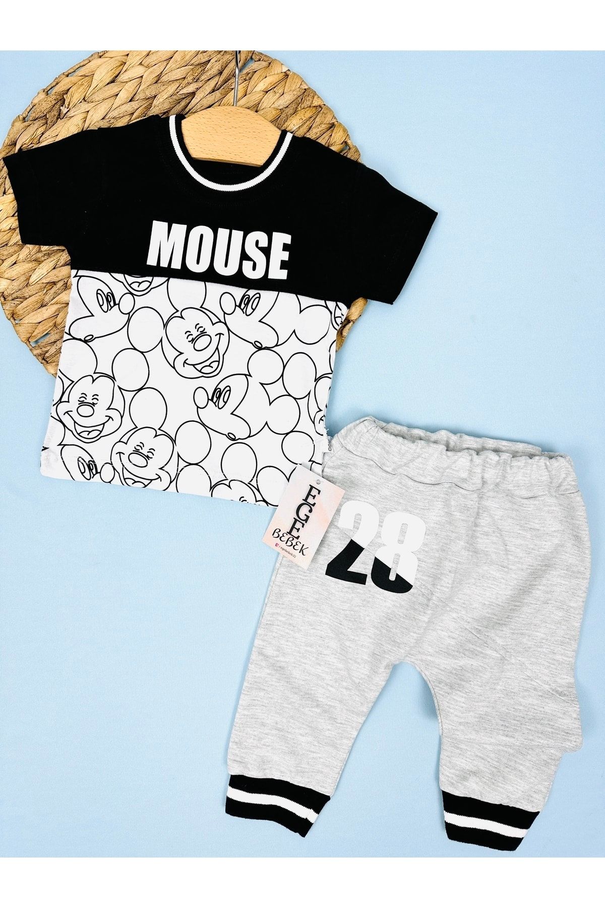 Ege Bebek Erkek Bebek Mickey Mouse Baskılı Yazlık Günlük Eşofman Takımı, T-shirt Ve Eşofman Altı Takımı