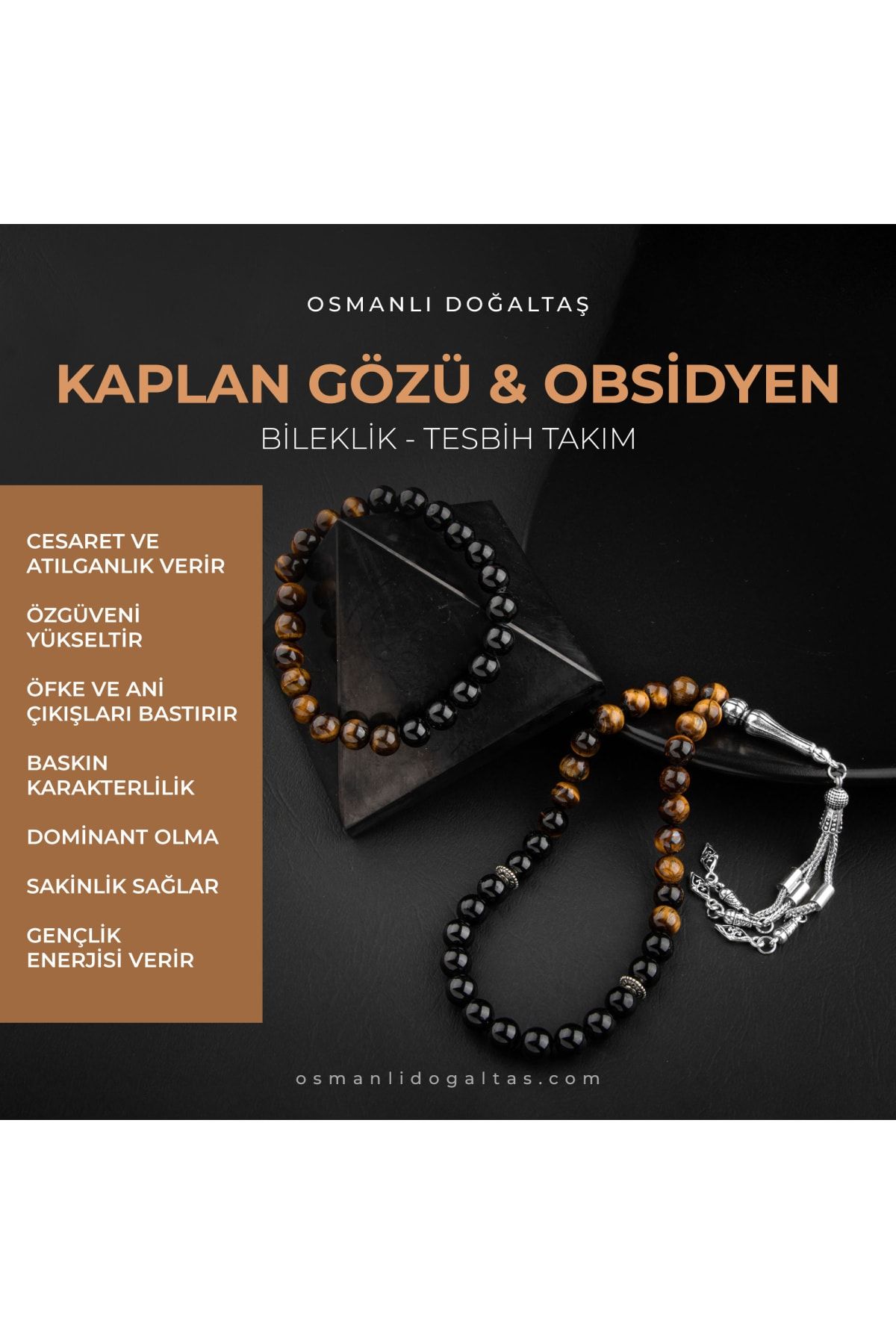 OSMANLI DOĞAL TAŞ Sertifikalı Kaplan Gözü, Obsidyen Doğal Taşlı 33'lük Tesbih Ve Bileklik Takım