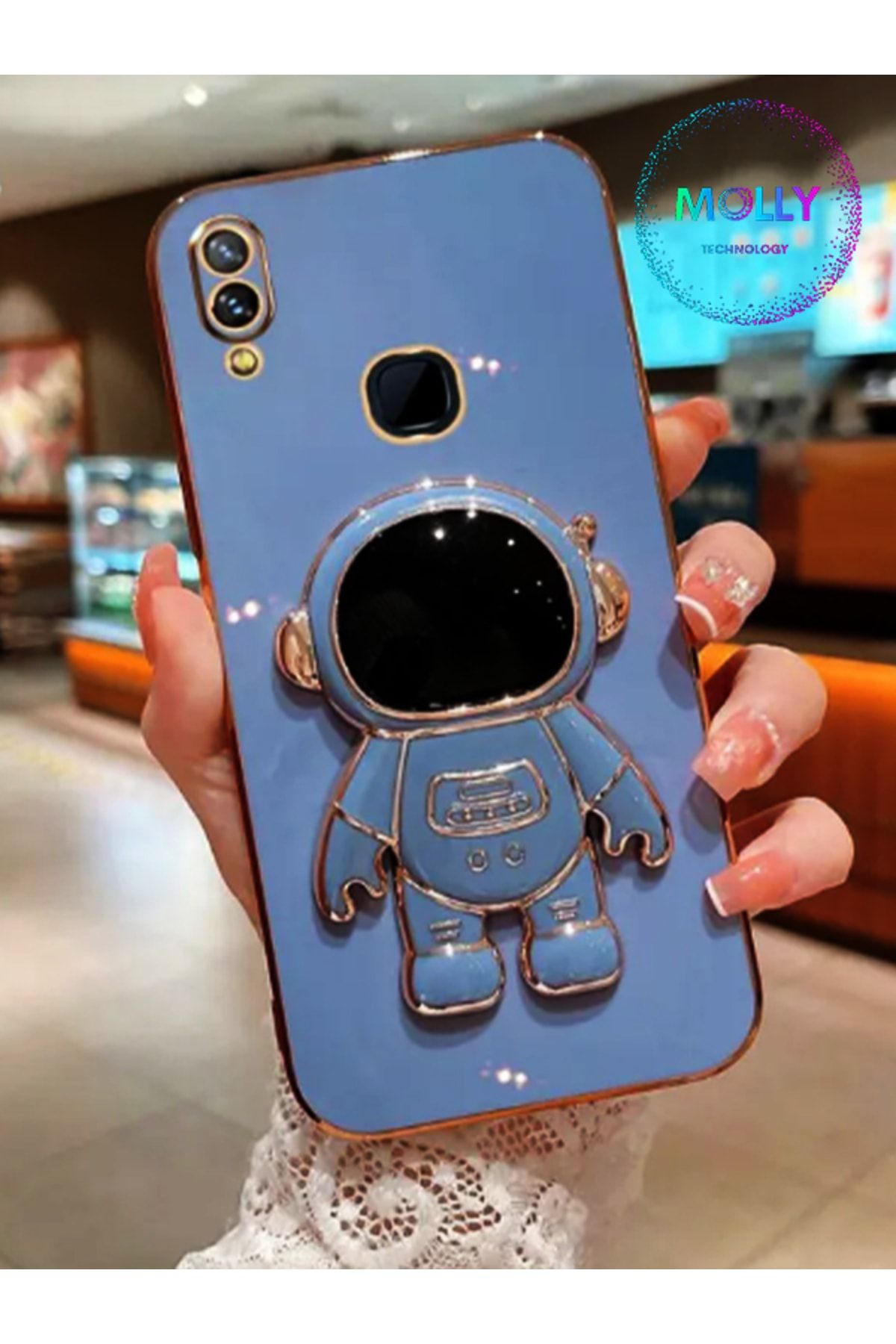 Molly Technology Huawei Y6 2019 Için Petrol Mavisi Astronot Standlı Kenarları Gold Detaylı Lüks Silikon Kılıf