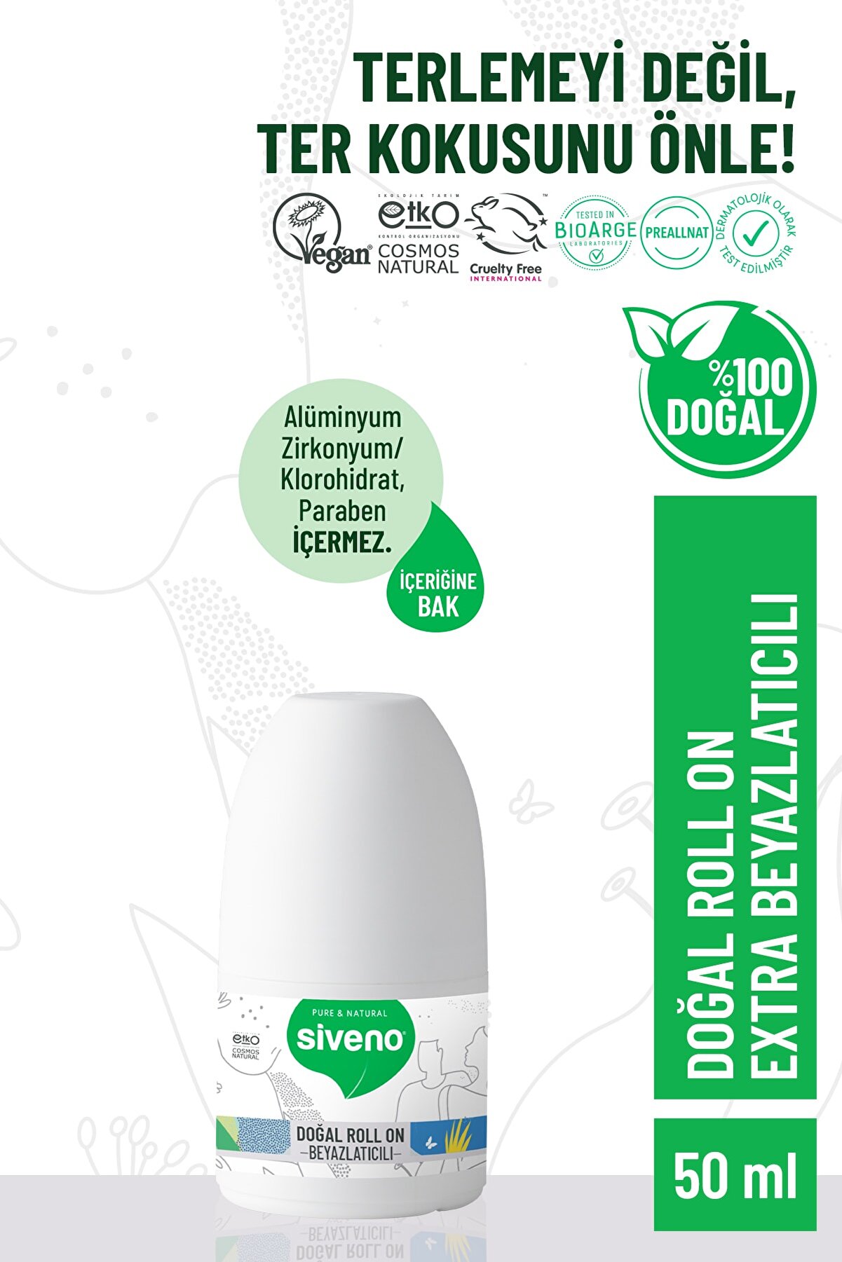 Siveno %100 Doğal Roll-on Beyazlatıcı Etkili Deodorant Ter Kokusu Önleyici Bitkisel Lekesiz Vegan 50 ml
