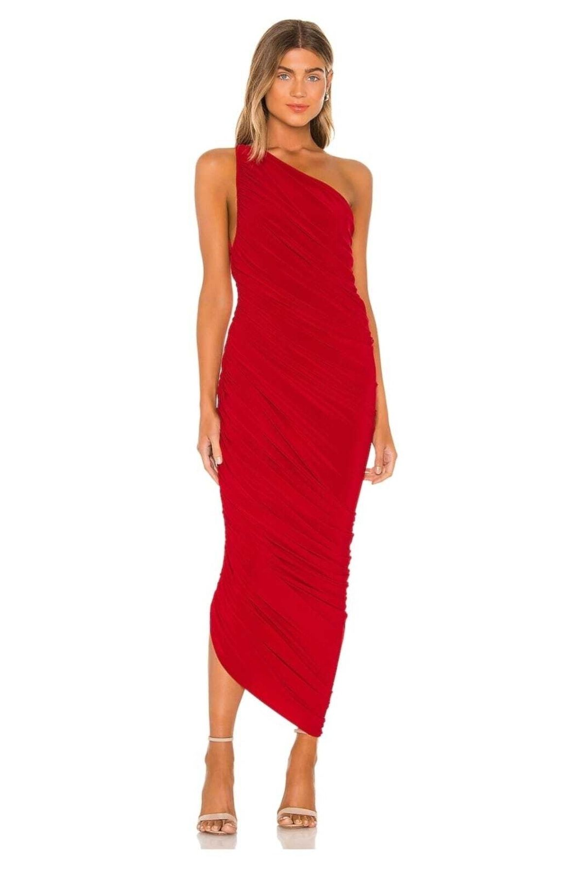 Zagrep Kadın Kırmızı Omuzlu Drapeli Büzgülü Astarlı Abiye Midi Elbise