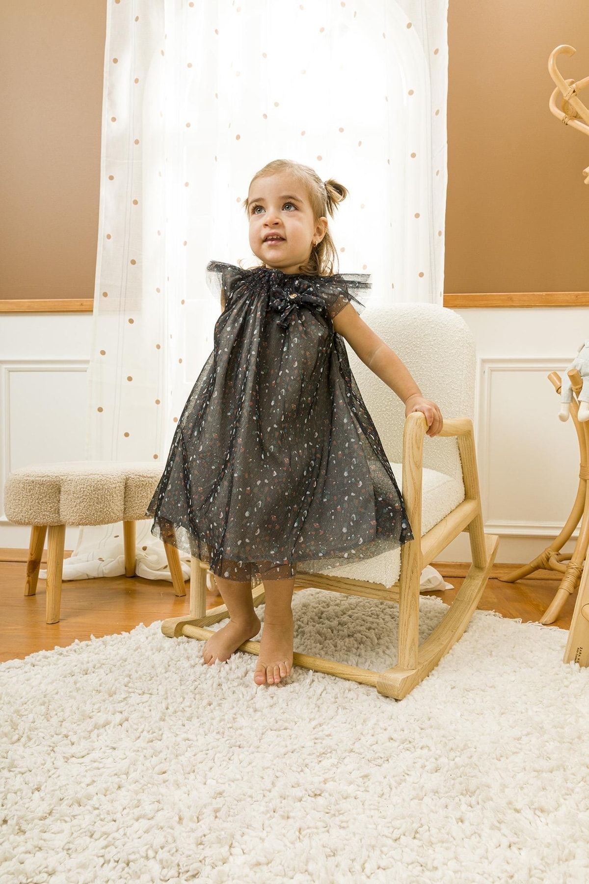 Babydola Siyah Desenli Tül Kız Bebek Çocuk Bayramlık Elbise 13630