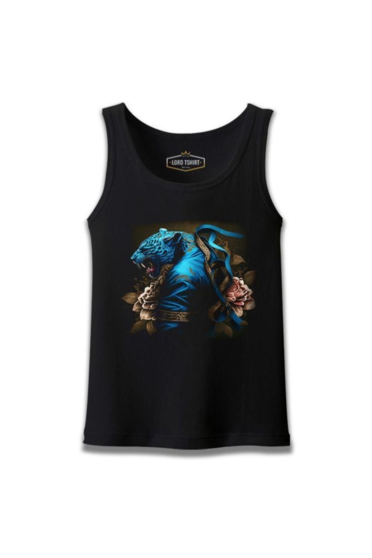 Lord T-Shirt Blue Chinese Tiger With Flowers And Ribbon Siyah Erkek Atlet