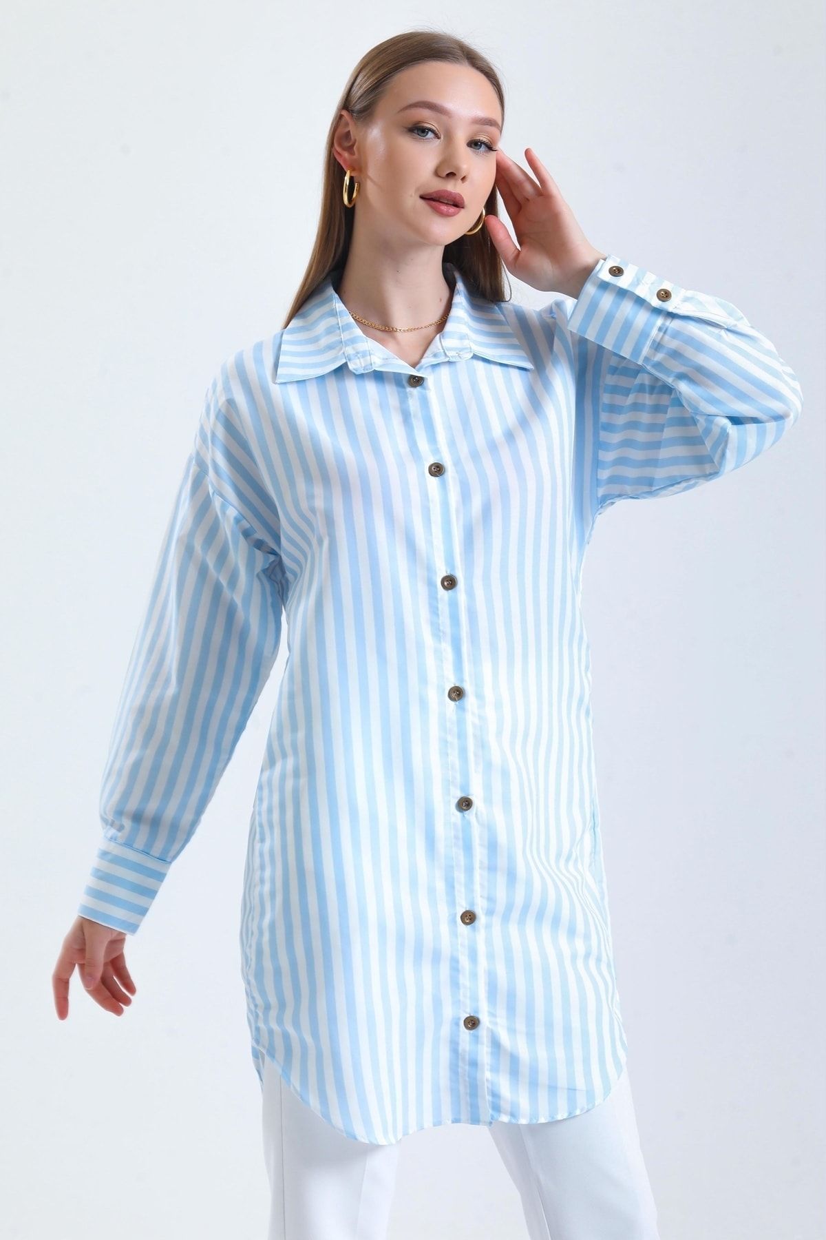 MD trend Kadın Mavi Çizgili Oversize Uzun Gömlek Tunik
