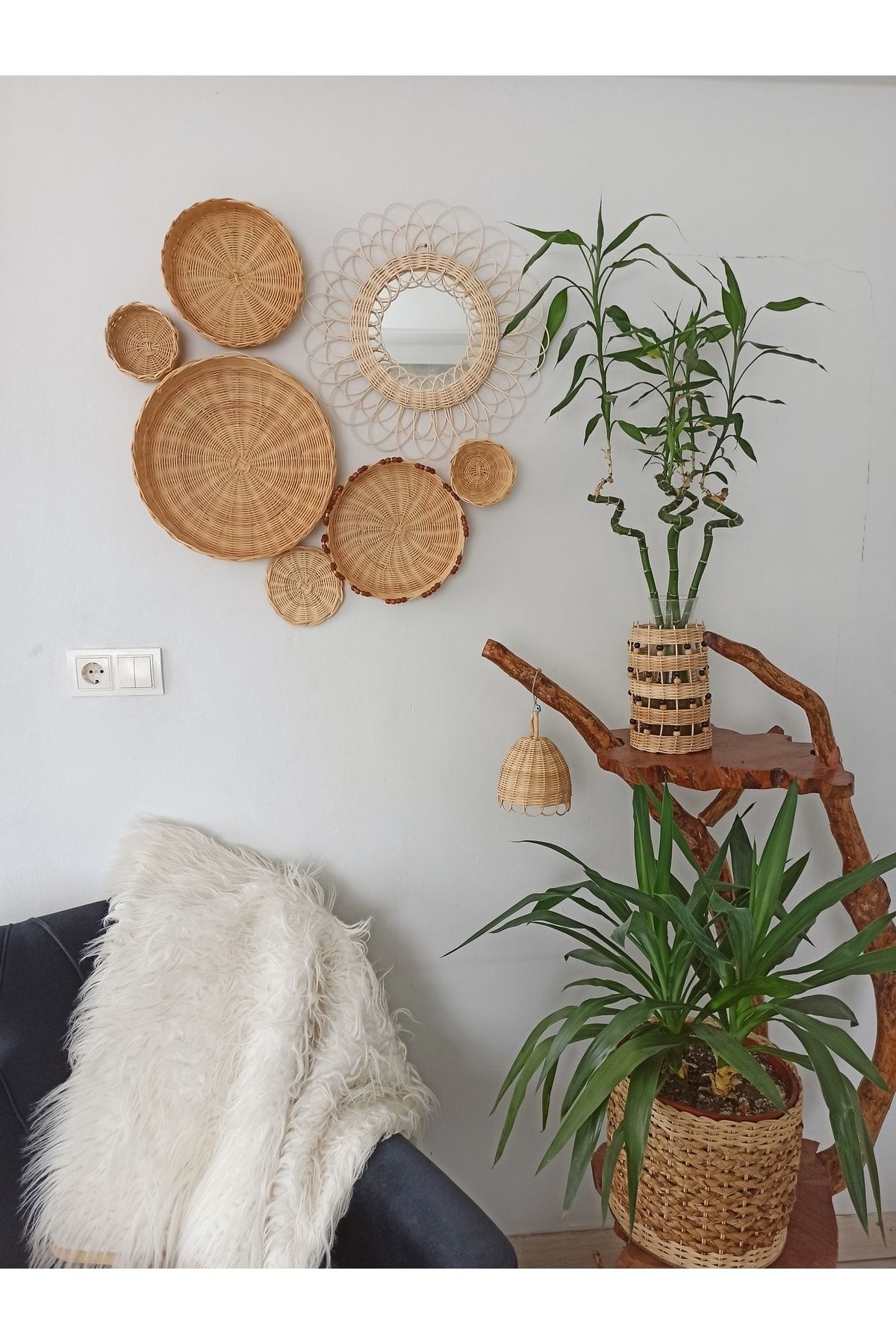 gudelidekor Hasır Bambu Rattan Duvar Tabağı Duvar Dekoru 7li Set