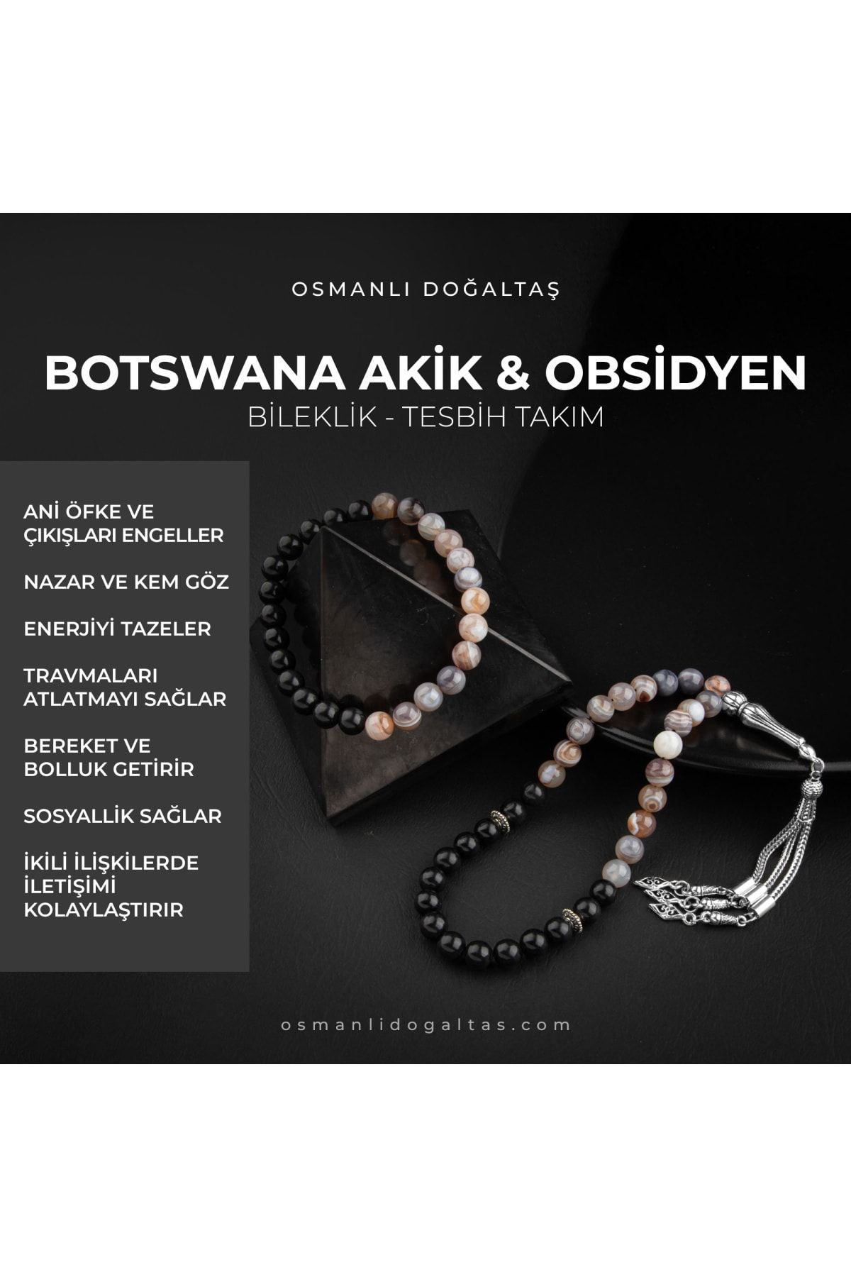 OSMANLI DOĞAL TAŞ Sertifikalı Botswana Akik, Obsidyen Doğal Taşlı 33'lük Tesbih Ve Bileklik Takım