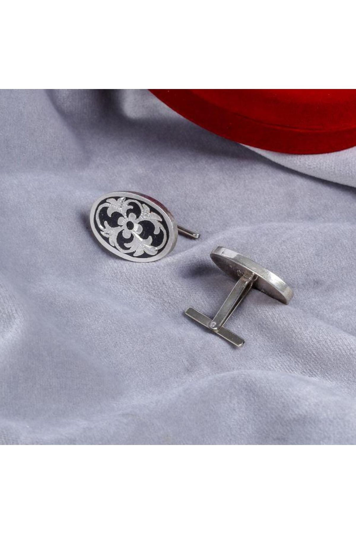 Tesbihcibaba Oltu Taşı Desenli Tasarım Gümüş Kol Düğmesi