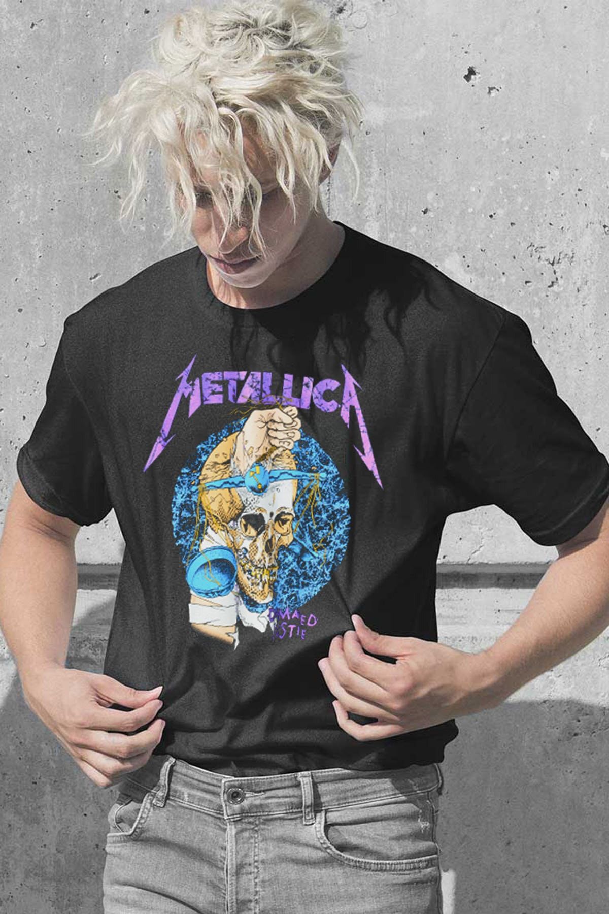 Freak Tshirt Siyah Renk Metallica Baskılı Unisex Geniş Kesim Rock-metal Tshirt