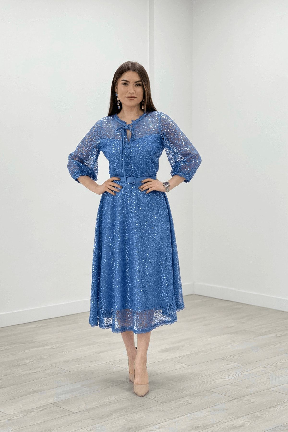 giyimmasalı Full Dantel Payet Kumaş Midi Abiye Elbise - Indigo Mavi