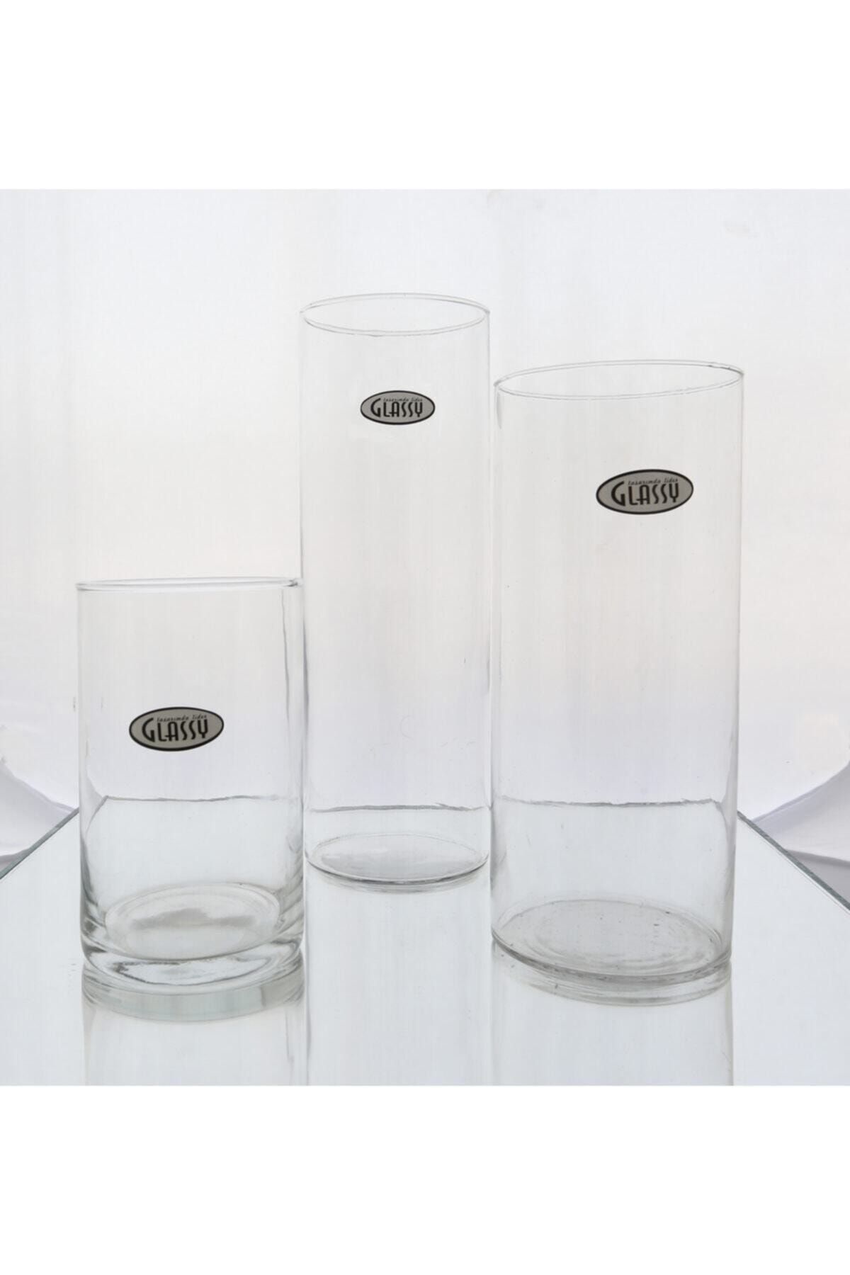 GLASSY 3'lü Cam Silindir Vazo Set (9 ÇAP 15-20-25 CM)