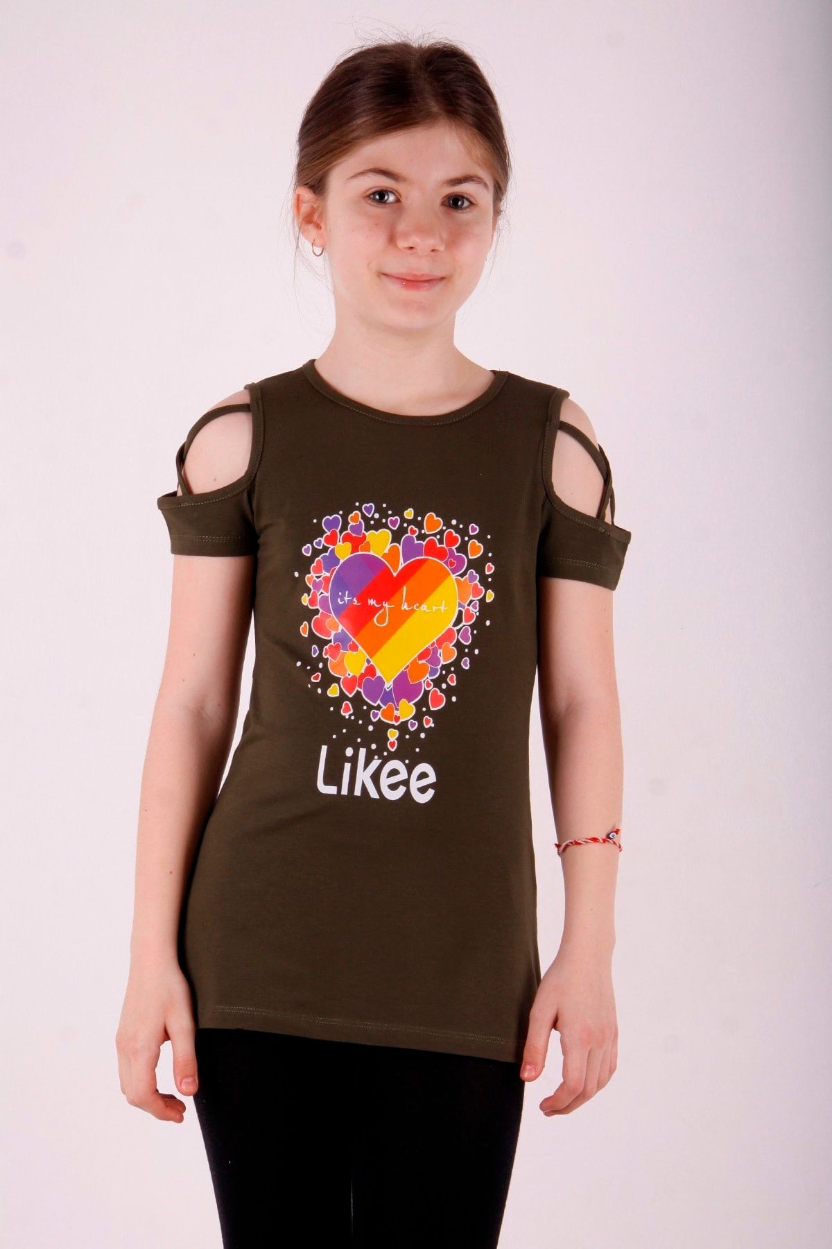 Toontoy Kız Çocuk Omzu Biye Detaylı Like Baskılı Tişört