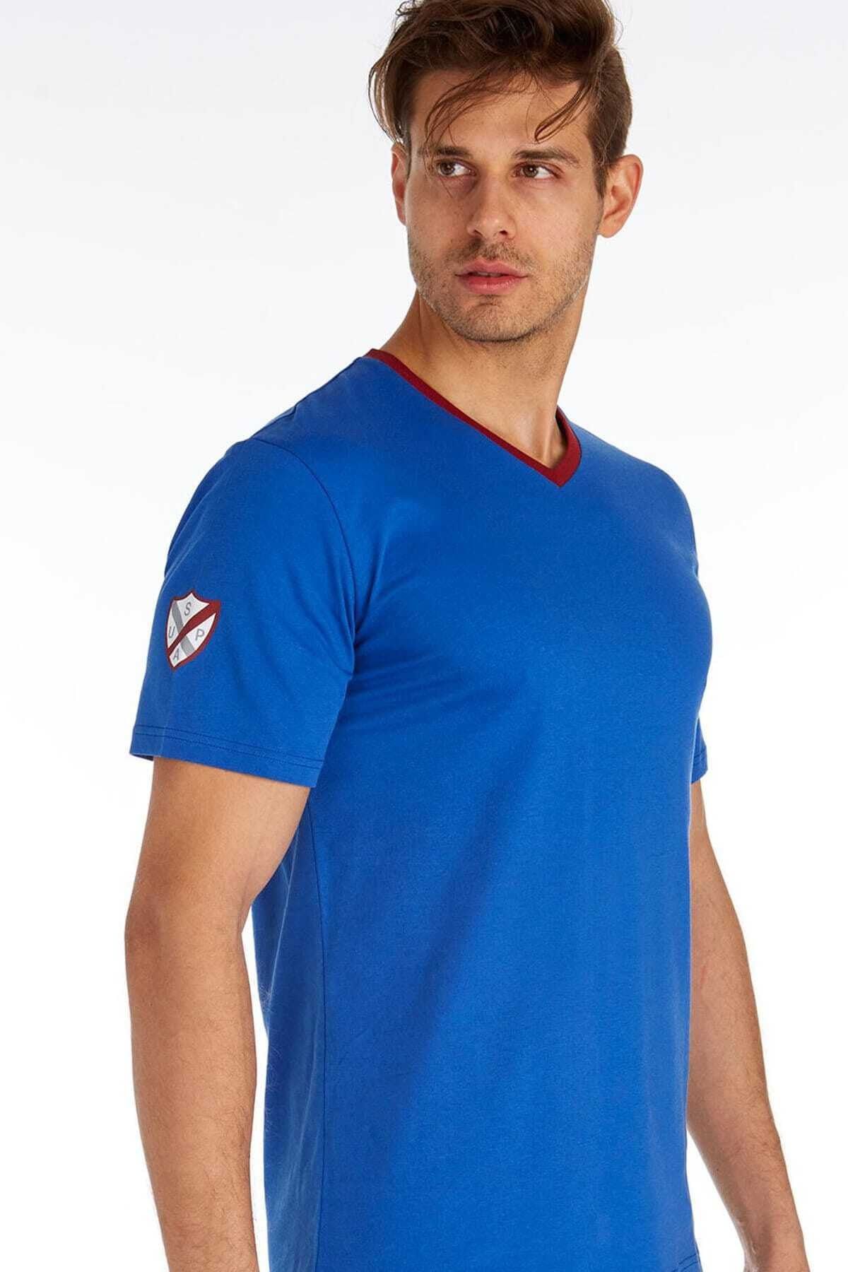 U.S. Polo Assn. Erkek Saks Mavi V Yaka T-shirt US.01.80151