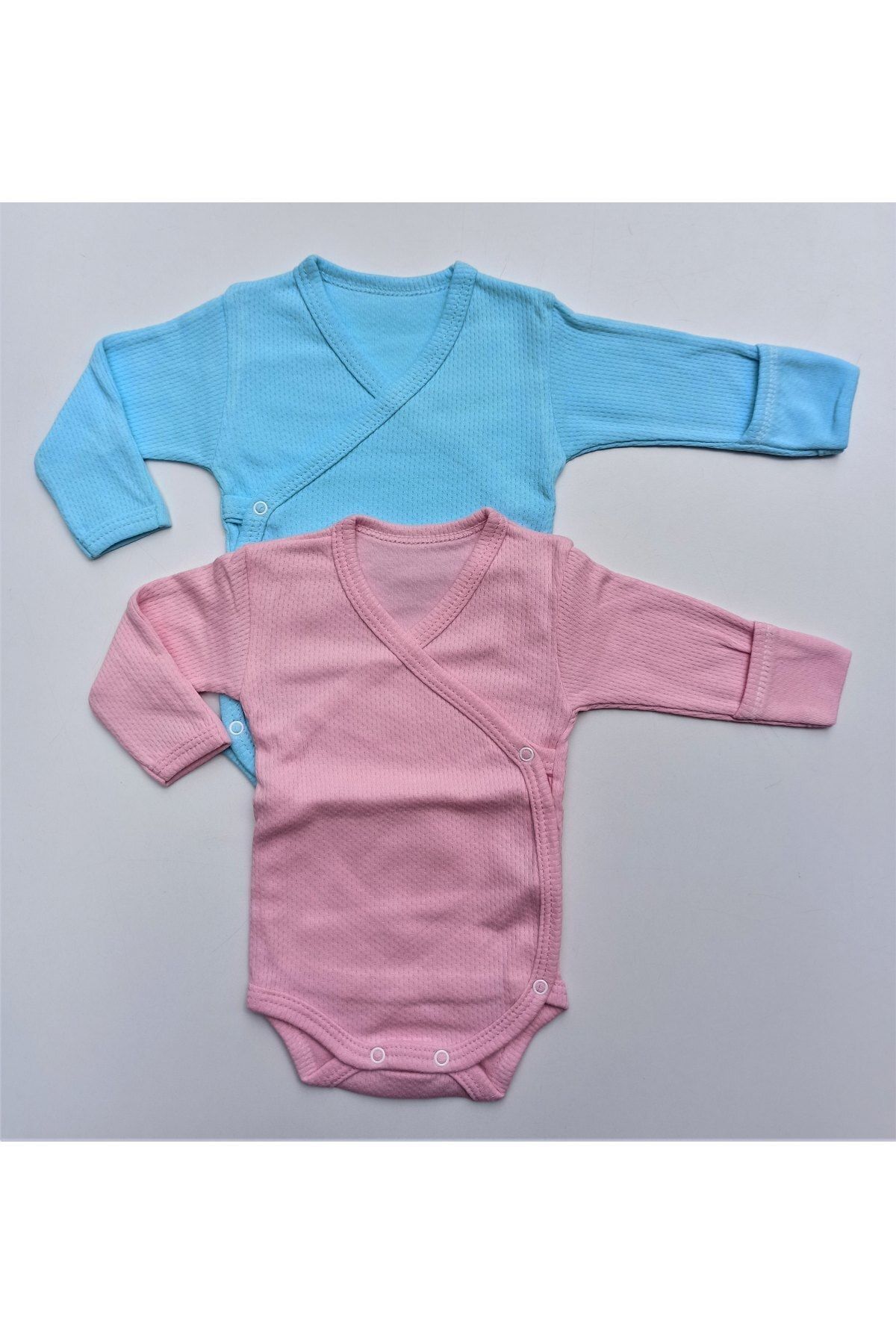 özdemirli bebe Unisex Bebek Turkuaz Pembe Jakarlı Delikli Kruvaze Bady 2'li