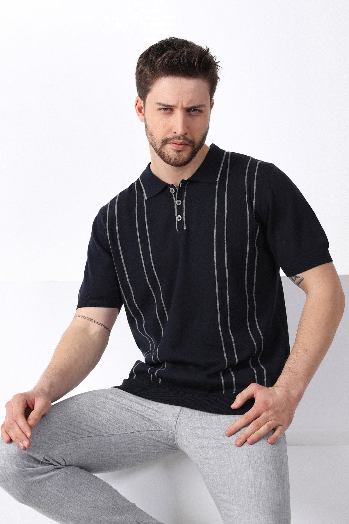 Ferraro Laci/gri Polo Yaka Dik Çizgili %100 Pamuk Erkek Triko T-shirt