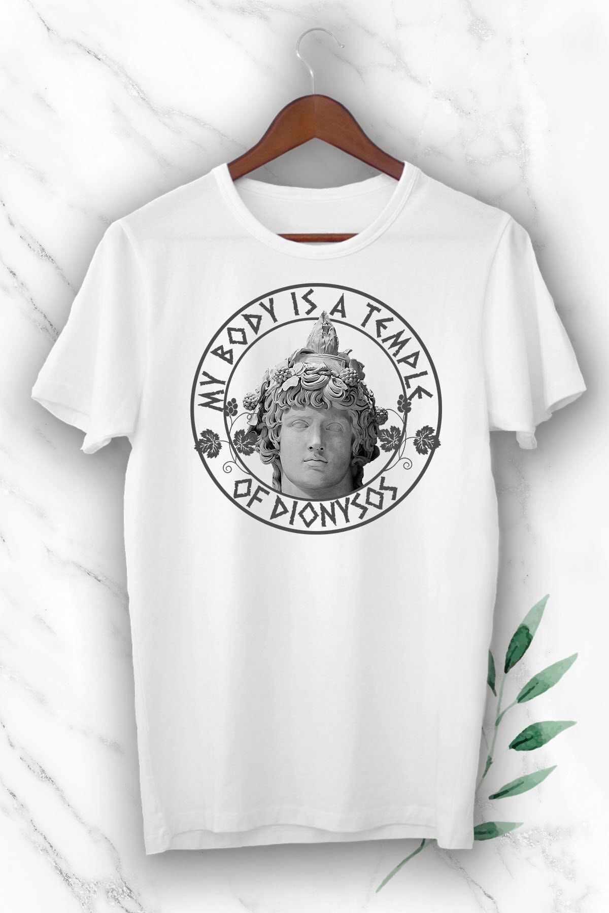 perseusshopping Unısex Beyaz Mitoloji Şarap Tanrısı Dionysos Heykel Baskılı Tişört